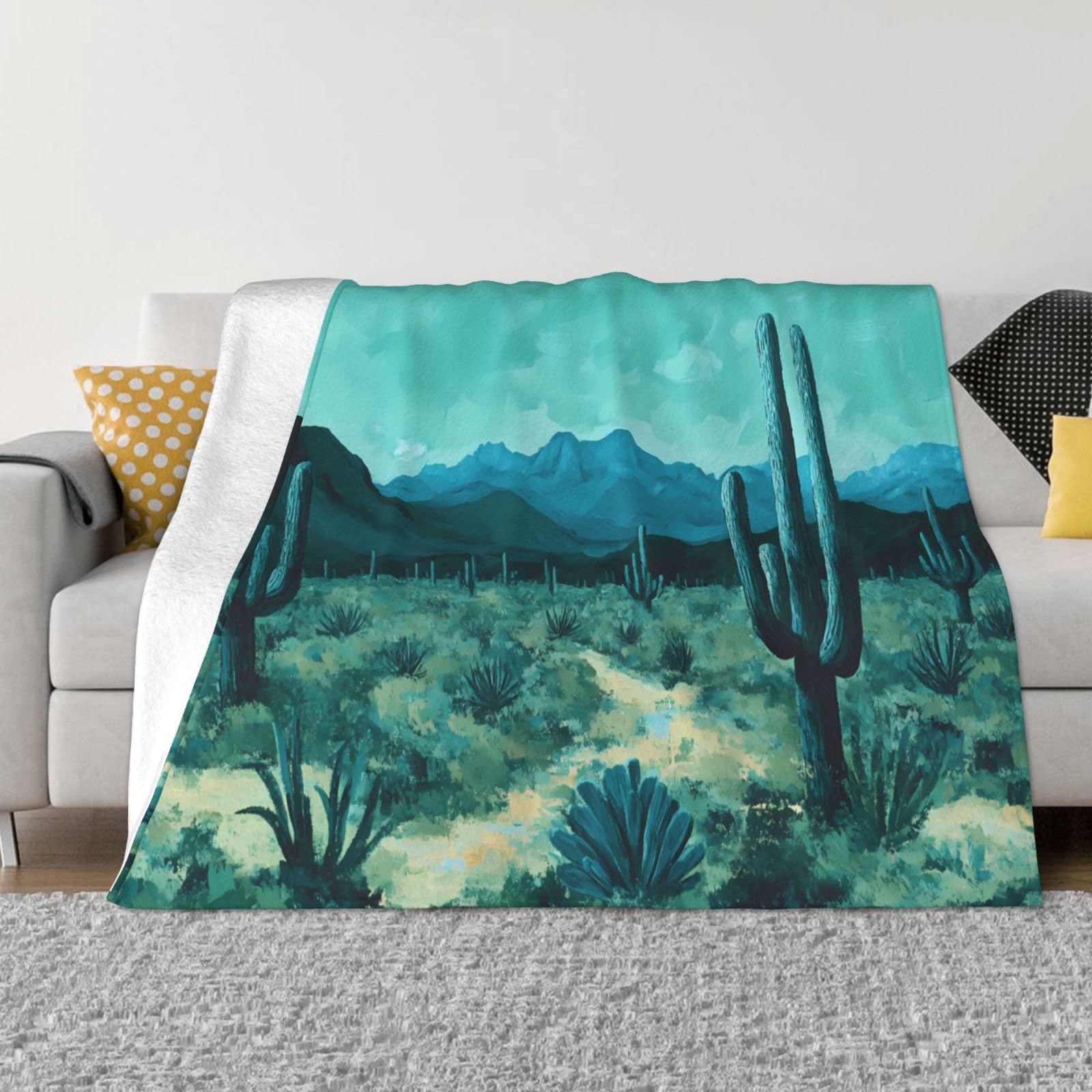 Jeté de lit chaud flanelle à motif cactus contre le froid du soir