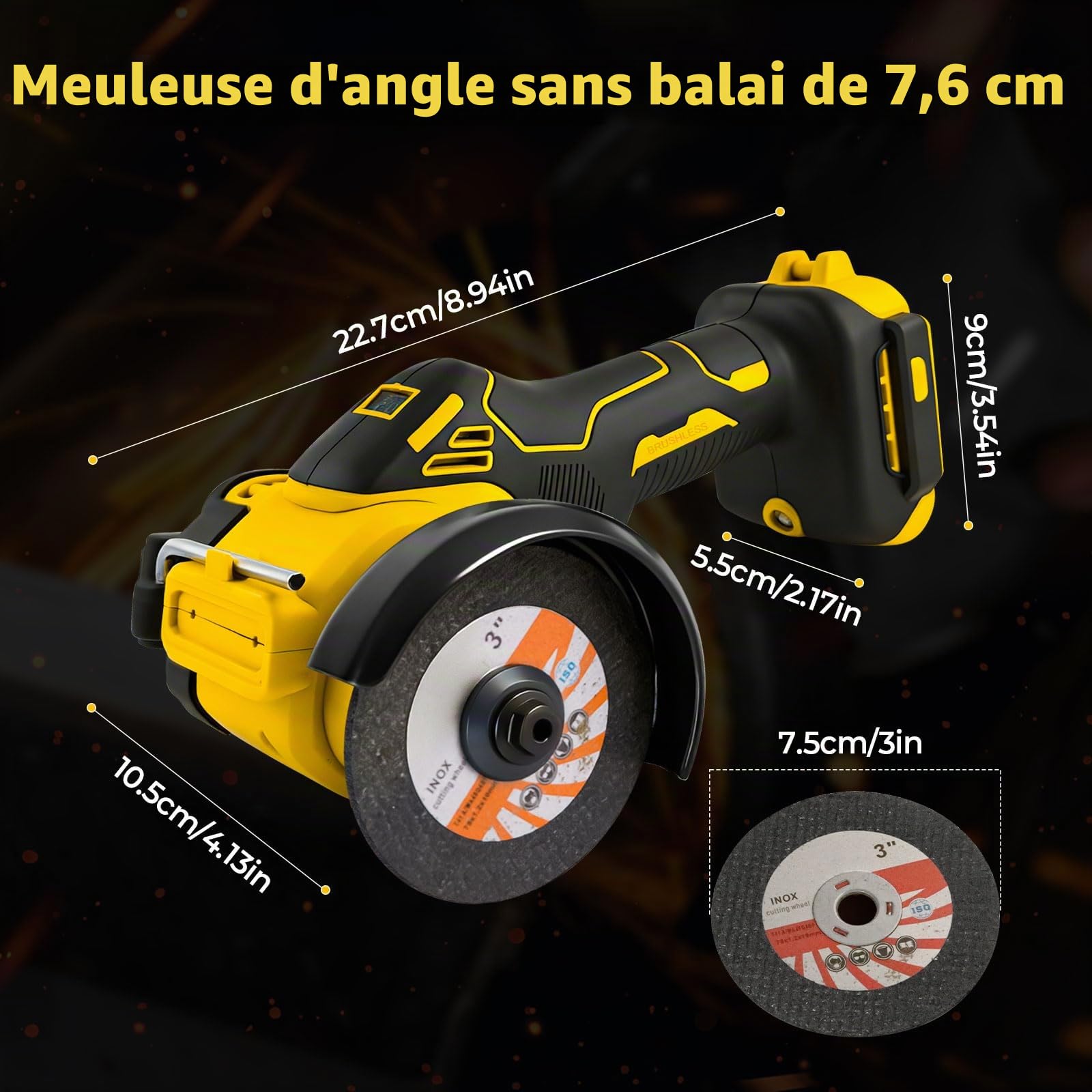 Mini meuleuse d'angle pour batteries DEWALT 18 V 20 V, outil de coupe sans fil de 7,6 cm, outil de meulage électrique sans balais 20 000 tr/min avec lumière LED compatible avec DEWALT DCB181 DCB182