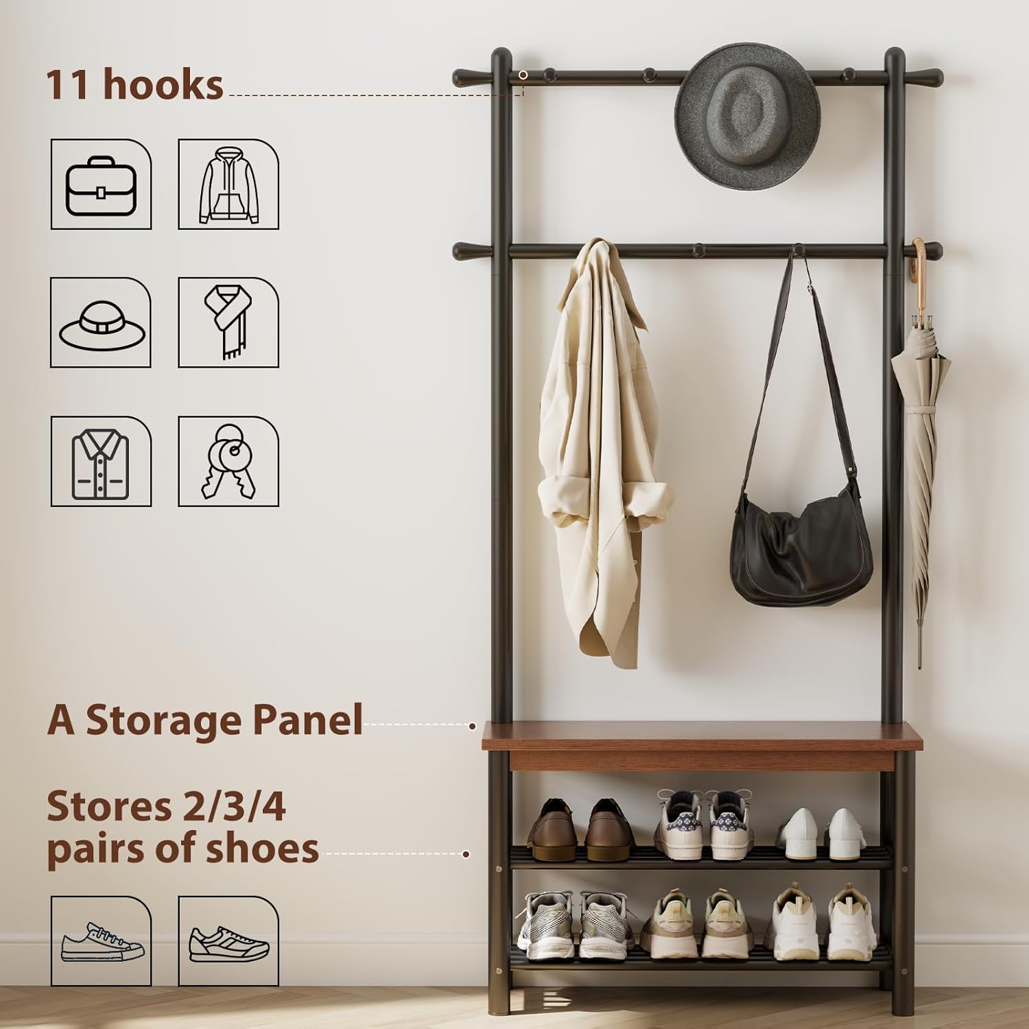 Coat Rack with Shoe Storage, Wood and Metal Frame, Entryway Hall Tree with Bench, Featuring 11 Hooks and 2-Tier Storage Shelves, 3-in-1, Entry Bench with Coat Rack (31.5" Walnut)