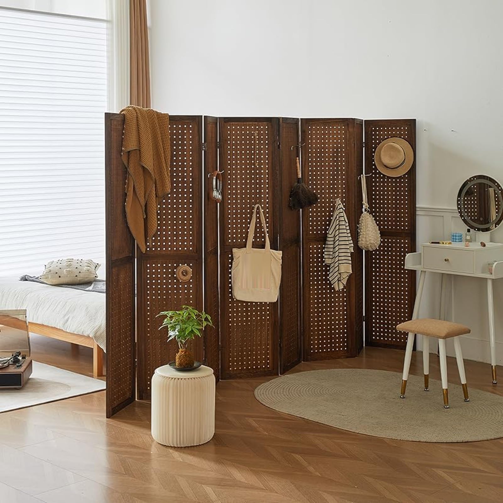 Pegboard-Raumteiler, 1–8-Panel-Pegboard-Display-Raumteiler, Sichtschutz, Pegboard-Displayständer für Juweliergeschäft, Basar, Schlafzimmer (Holzfarbe, 2 Panele)