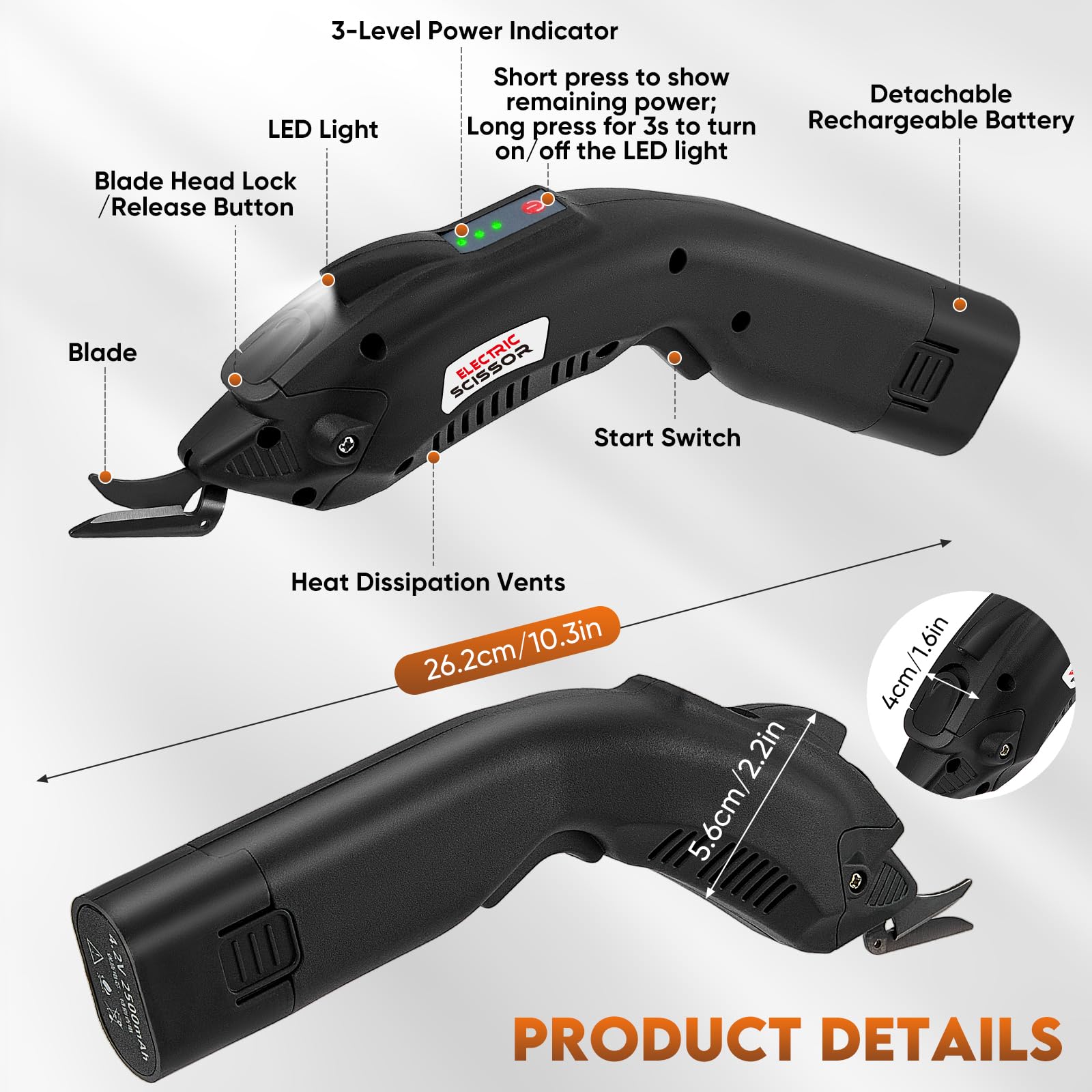 forbice elettrica per tessuti 2pcs 2500mAh batteria ricaricabile 6,000RPM con 2 lame di ricambio forbici elettriche per tappeti, pelle, cartone ufficio a casa...