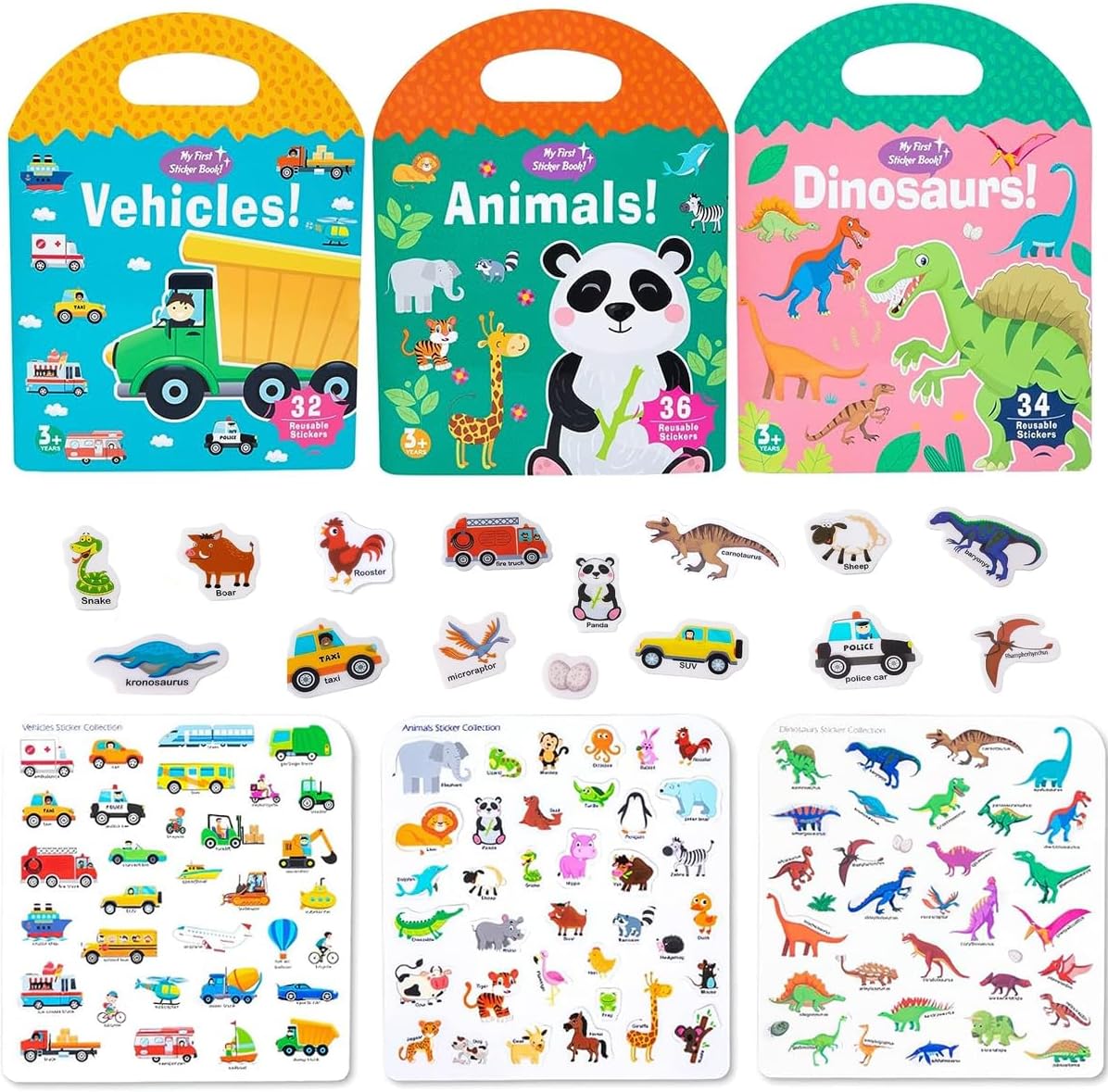 6 Sets Portable Jelly Quiet Busy Book, Vehicle & Animal & Ocean & Dinosaur & Insect & Space Reusable Sticker Books for Kids, Toddler Sticker Activity Book Preschool Learning Activities