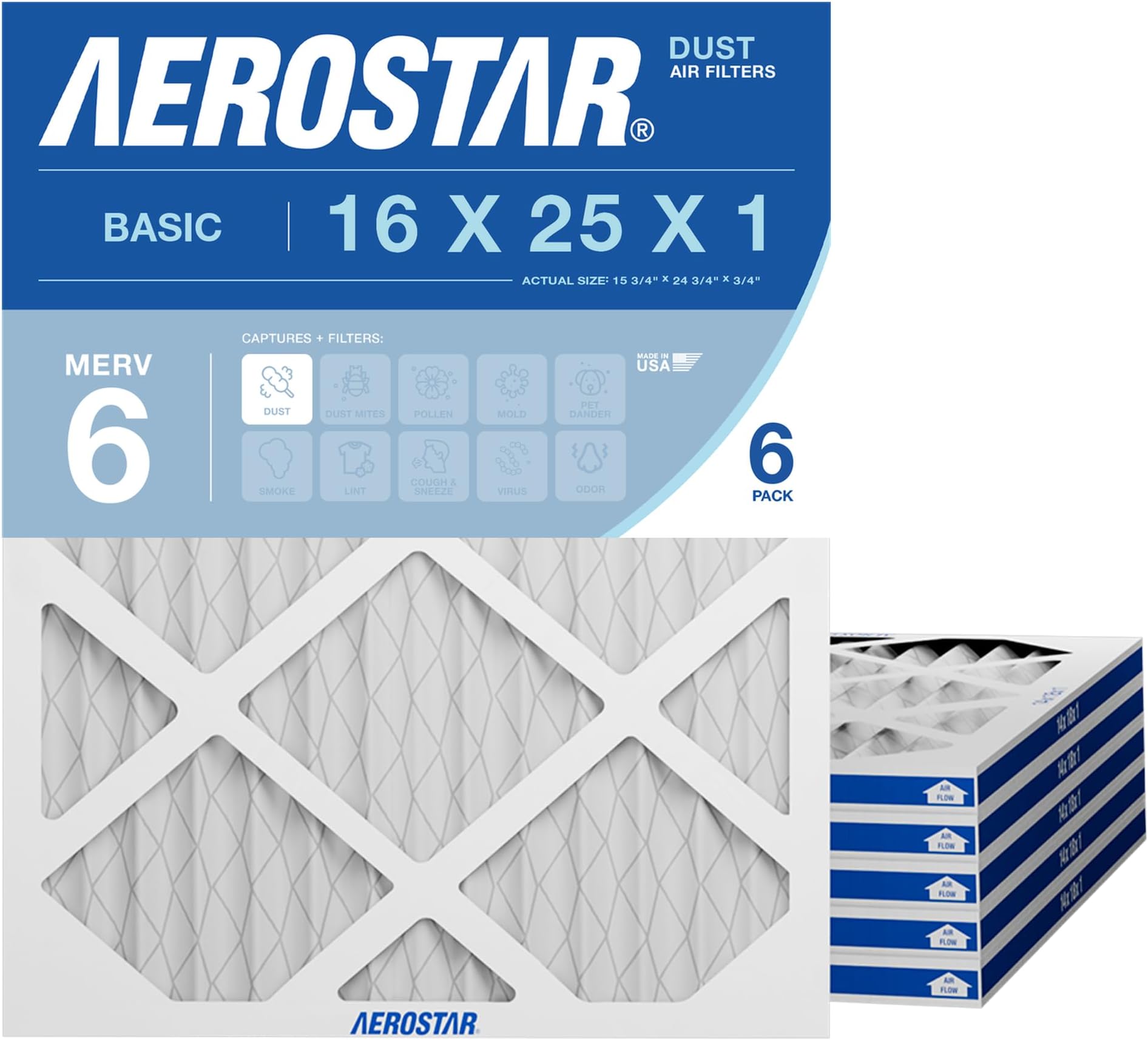 Aerostar 16x25x1 MERV 6 Pleated Air Filter, AC Furnace Air Filter, 6 Pack (Actual Size: 15 3/4"x 24 3/4" x 3/4")