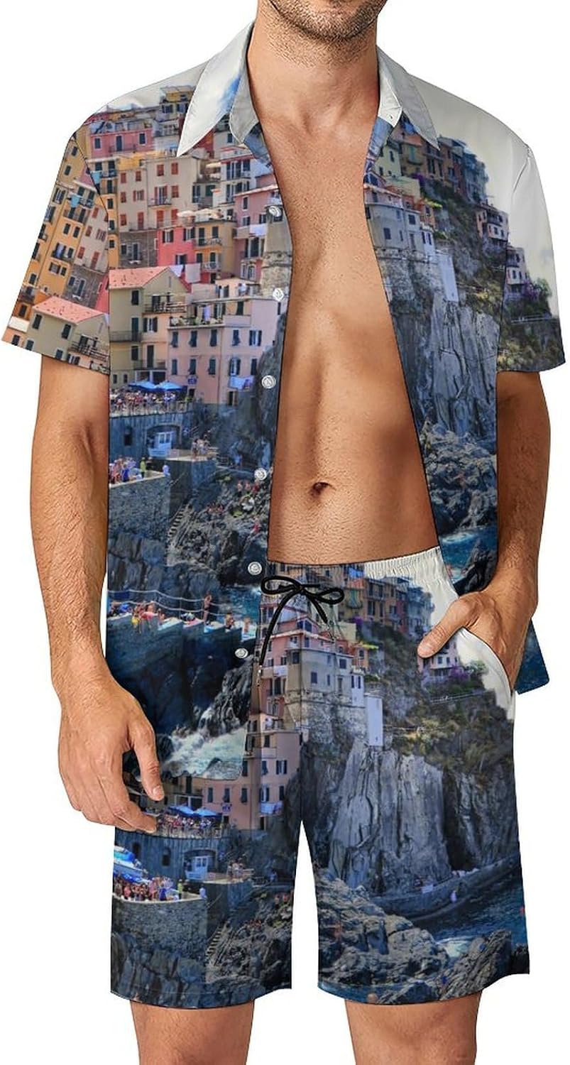 Amalfi Coast Italy Italian Men's Summer Beach 2 Piece Outfits | hawaiian button down shirt and shorts,vacation cruise,mens bathing suit