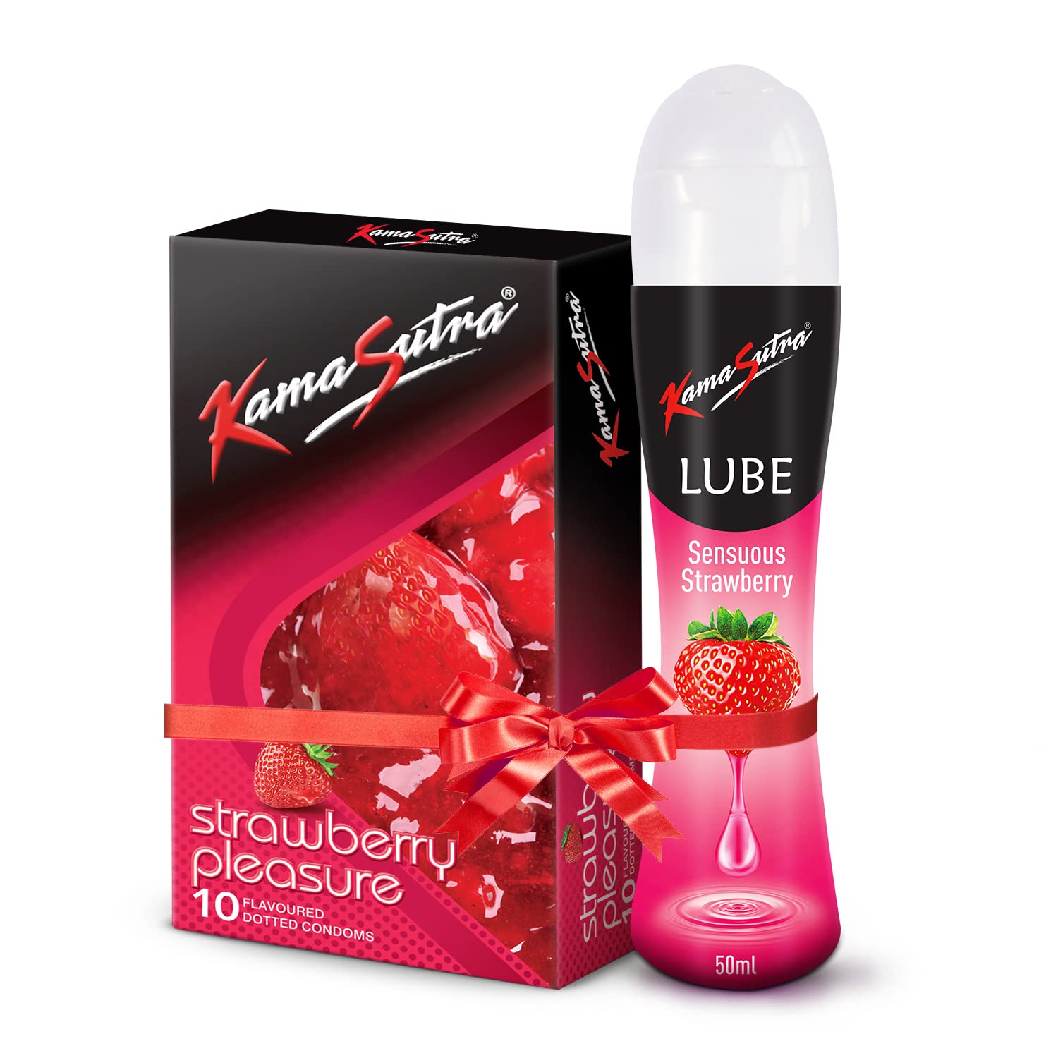KamaSutra Strawberry Flavoured Condoms for men Count 10 with Strawberry Water Lube Flavoured Lubricant 50ml-image-1