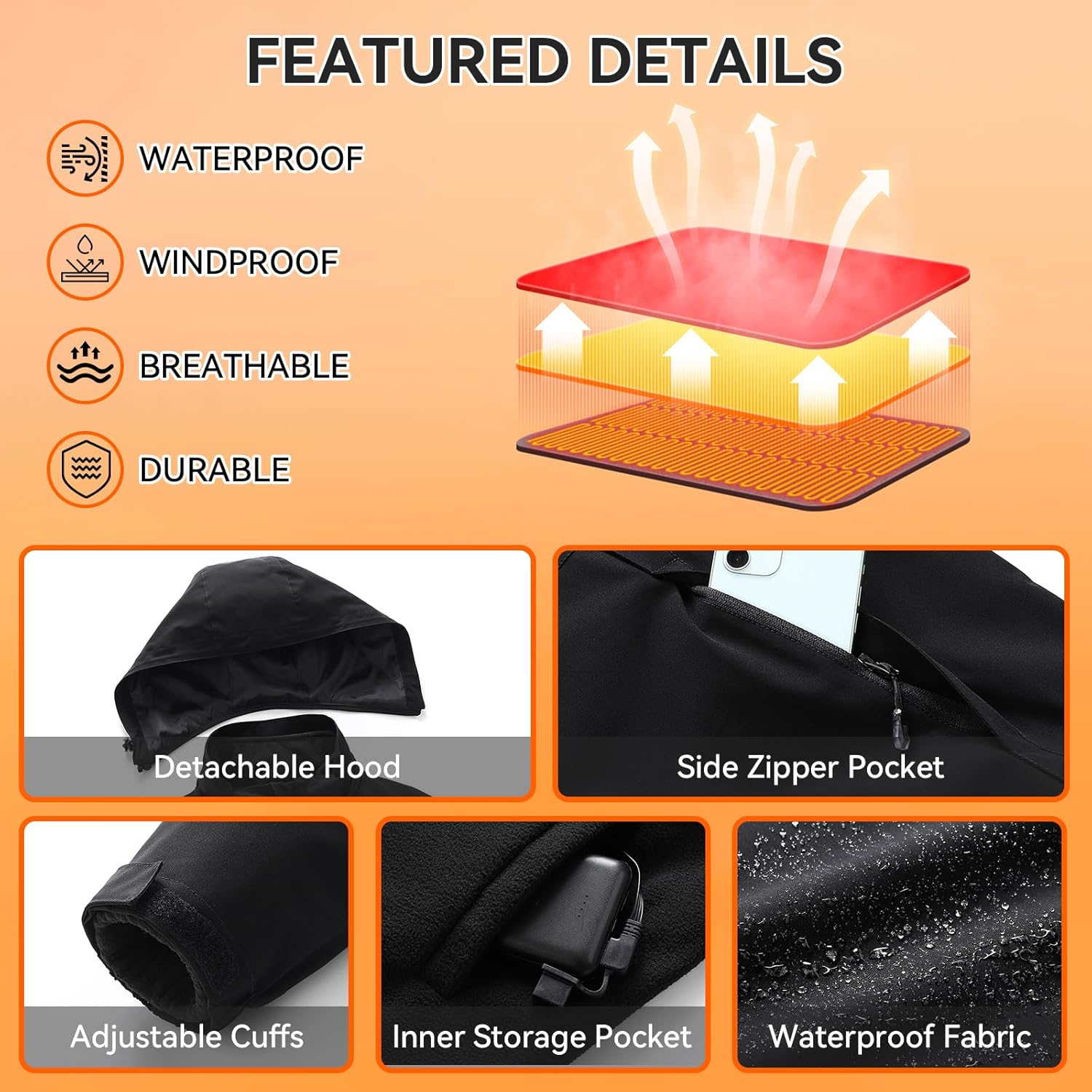 Men's 3-in-1 Heated Jacket with Battery, Waterproof Windproof Detachable Soft Shell Heating Coat for Winter, XL - Image 5