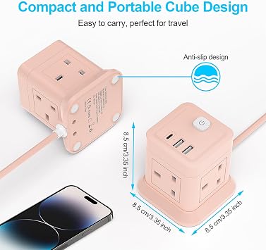 Cube Extension Lead with USB Slots, BEVA 4 Way Multi Plug Power Strip with 3 USB Ports, 3M Desktop Power Extension Socket Extension Cords for Home Dorm Office Travel-Pink