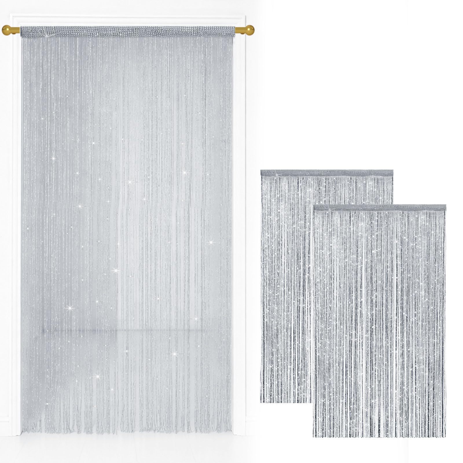 2 Pack String Door Curtains, 100 x 200 cm Glitter Fringe Panel Silver — image 1
