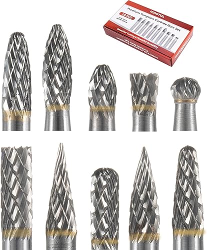 HIDOTOL Juego de rebabas de carburo 10 piezas con vástago de 14"  Juego de fresas giratorias de carburo de tungsteno de doble corte de 6 mm para