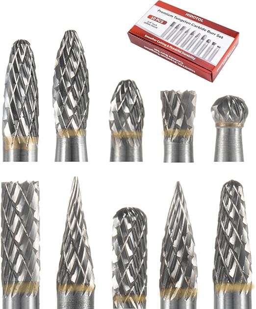 Carbide Burr Set 10PC 1/4" Shank – 6mm Tungsten Double Cut Carbide Rotary Burr Set for Metal and Wood Carving, Grinding, Polishing, Engraving, Drilling.