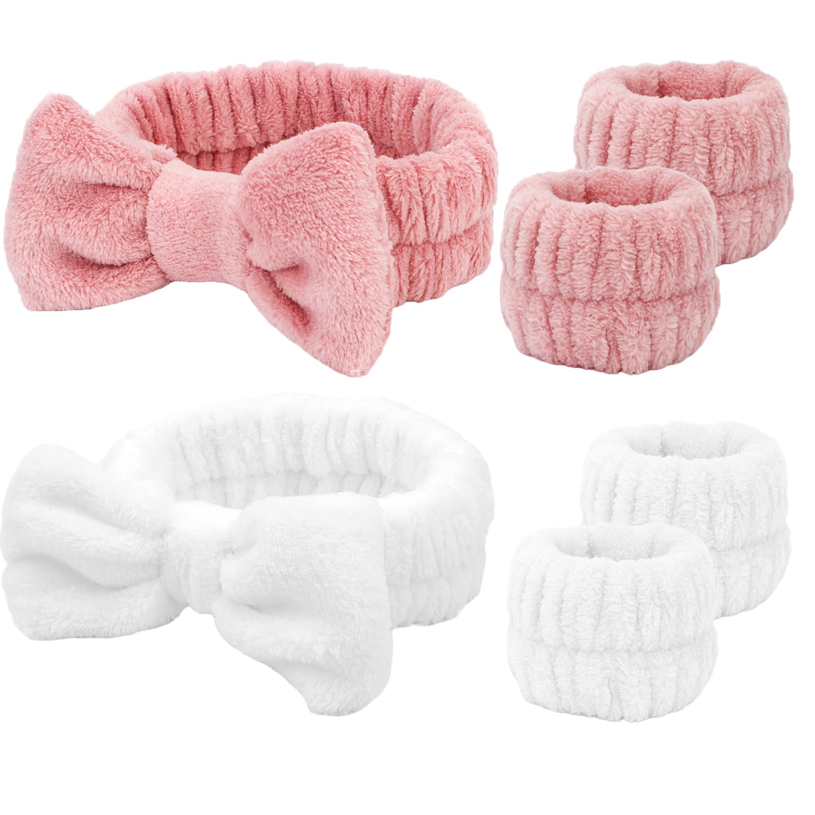 Canitor Spa Headband Wristband Set Skincare Headband for Washing Face Makeup Headband Wrist Bands Wrist Towels Preppy Teen Girl Gifts Trendy Stuff Make Up Accessories (white+pink)