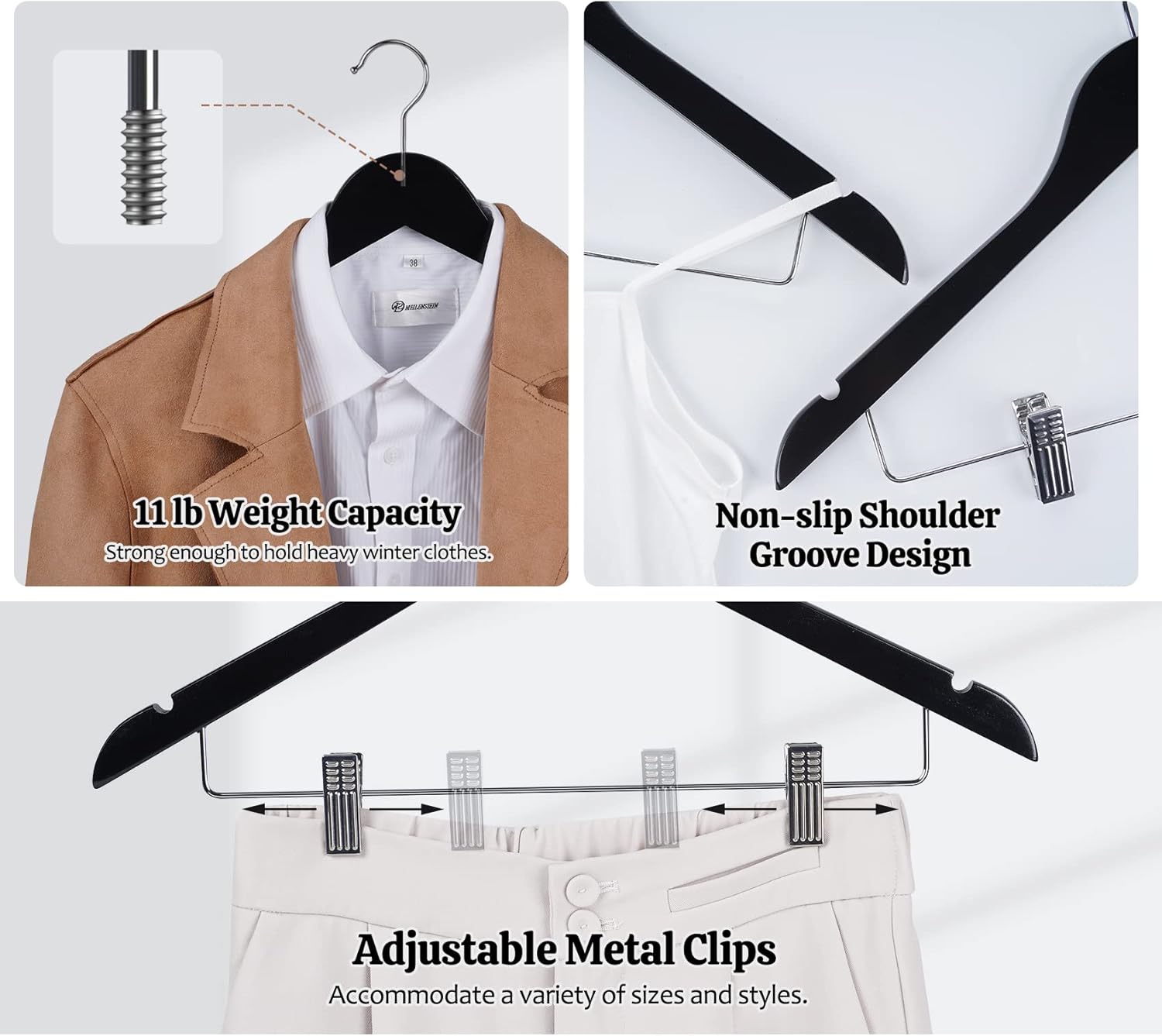 HOUÍSM Wooden Hangers with Clips, Heavy Duty Pants & Skirt Hangers, Solid Wood Clip Hangers for Trousers, Jeans, Clothes – Black, 16 Pack