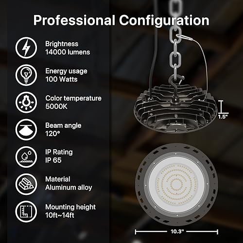 Miniatura 2 de HYPERLITE Luz LED de alta bahía 100W 14000LM 5000K con enchufe de EE. UU. Luces LED de alta bahía para taller de 10-14FT Taller Garaje Tienda Granero