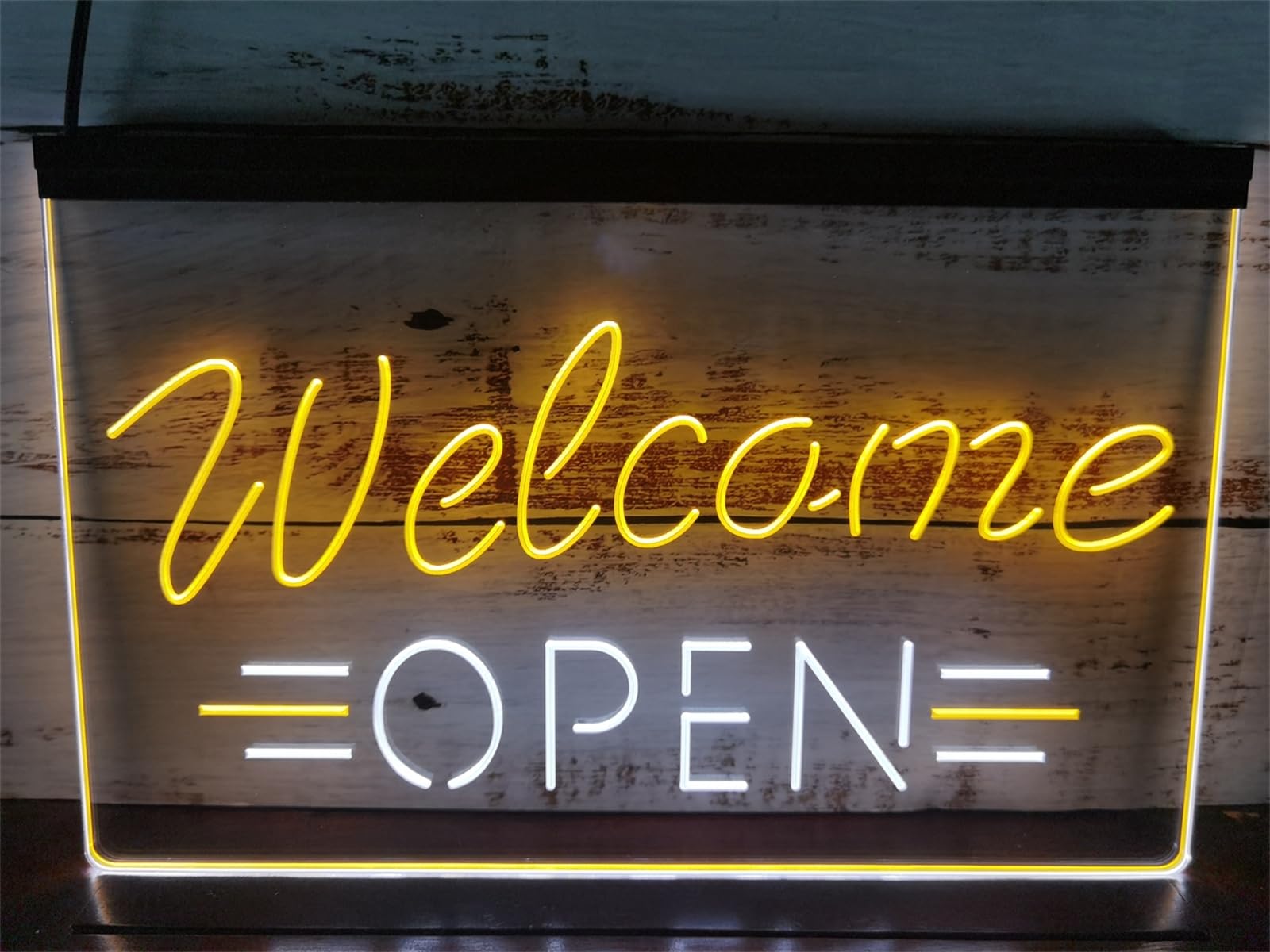 Open Welcome Neonowy szyld do dekoracji ścian – dwukolorowe, ściemniane neonowe lampy LED z zasilaniem USB, idealne do kawiarni, barów, hoteli i księgarni,White yellow,30x20cm
