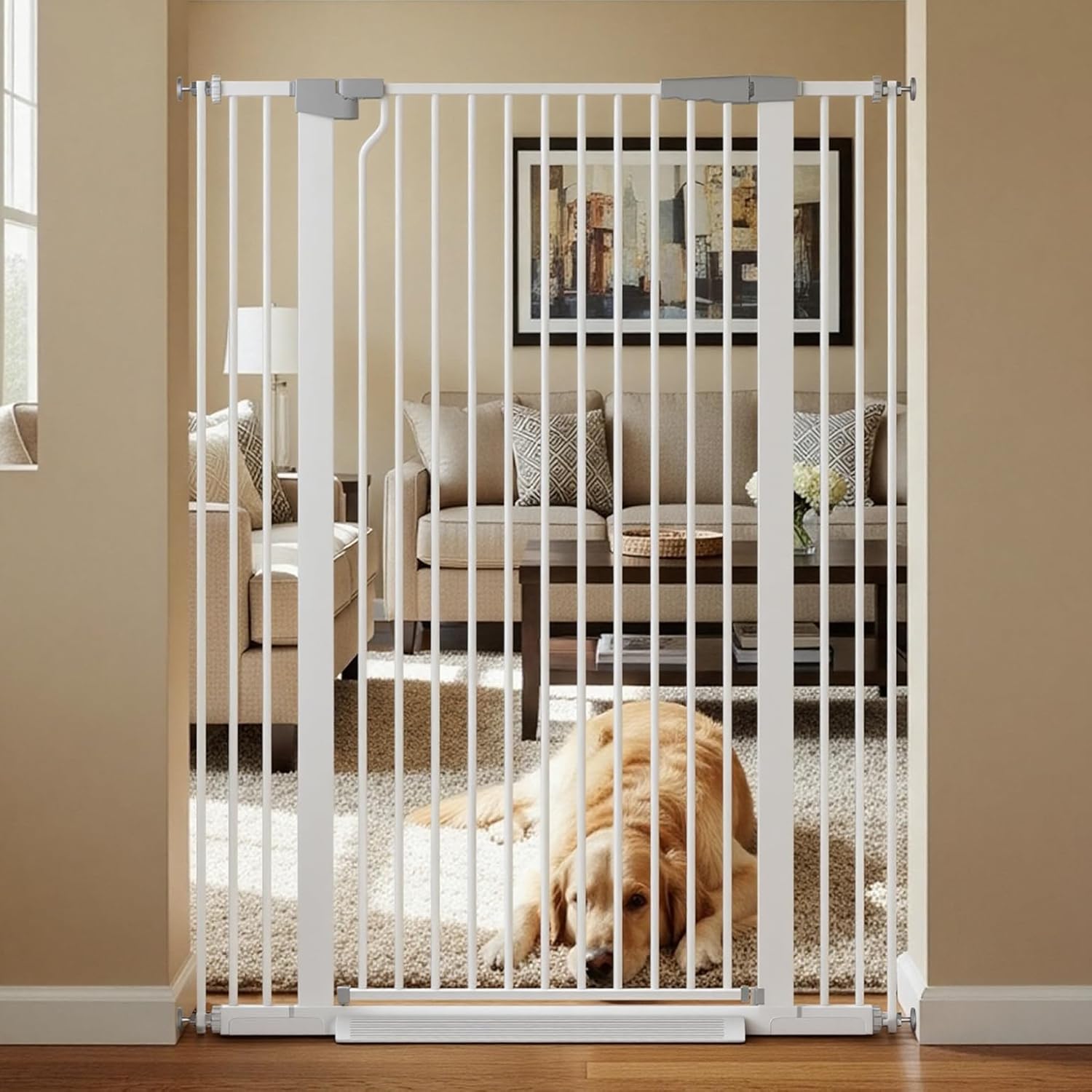 Cat Gate Extra Tall 51.18" - Adjustable Pet Gate for Doorways & Stairs 29.5" to 40.5" Wide, Pressure Mounted Cat Proof Dog Gate with Auto Close, Child Proof Safety Gate Metal, White