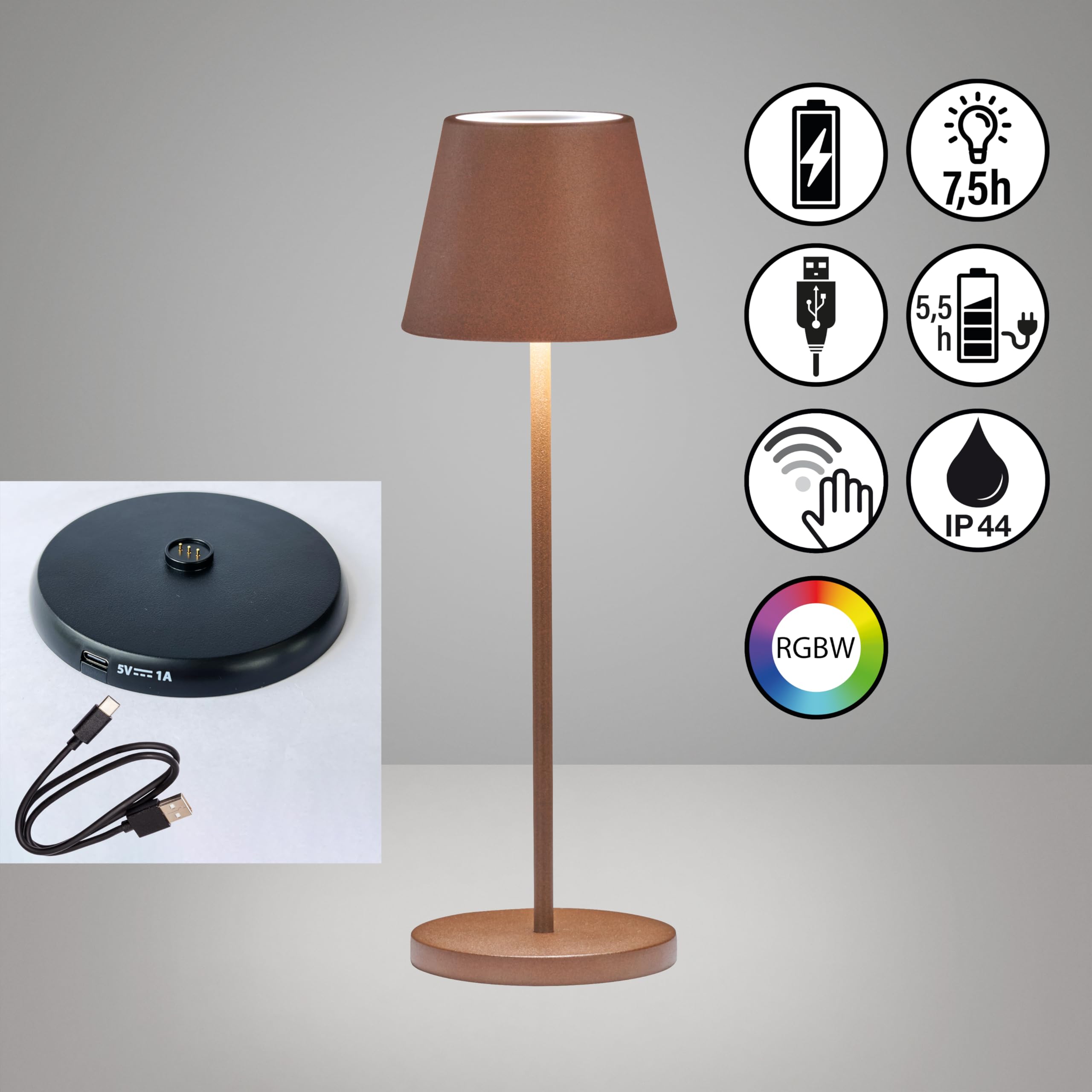 Outdoor Akku Tischlampe COSENZA Rostfarben ohne Kabel mit USB Anschluss & Ladestation