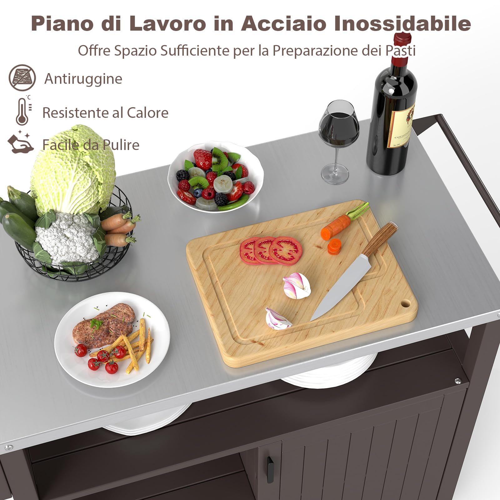 COSTWAY Carrello per Barbecue, Mobile Servizio da Esterno in Acciaio, Isola Cucina per Forno con Ruote Bloccabili, 2 Piani, Armadietto, Portaspezie e Portasacchi, 109 x 45 x 89 cm (Stile 2)