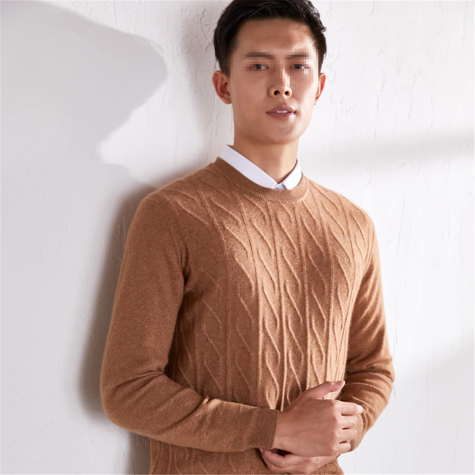 Vogrtcc Jersey de punto de lana de hombre Suéter de manga larga con estampado de color sólido, beige, XL