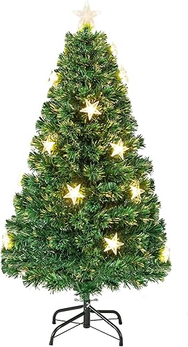 Miniatura 9 de Goplus Árbol de Navidad de fibra óptica preiluminado de 5 pies, árbol completo de Navidad artificial con coloridas luces LED de copo de nieve, 170