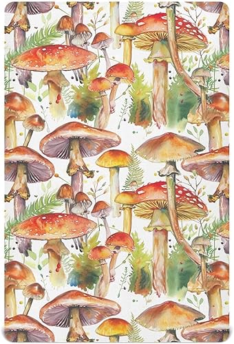 Kigai Fitted Crib Sheet for Boys Girls,Vintage Mushrooms Jersey Knit Baby Sheet for Standard Crib and Toddler Bed Mattresses, Cozy Soft Breathable,