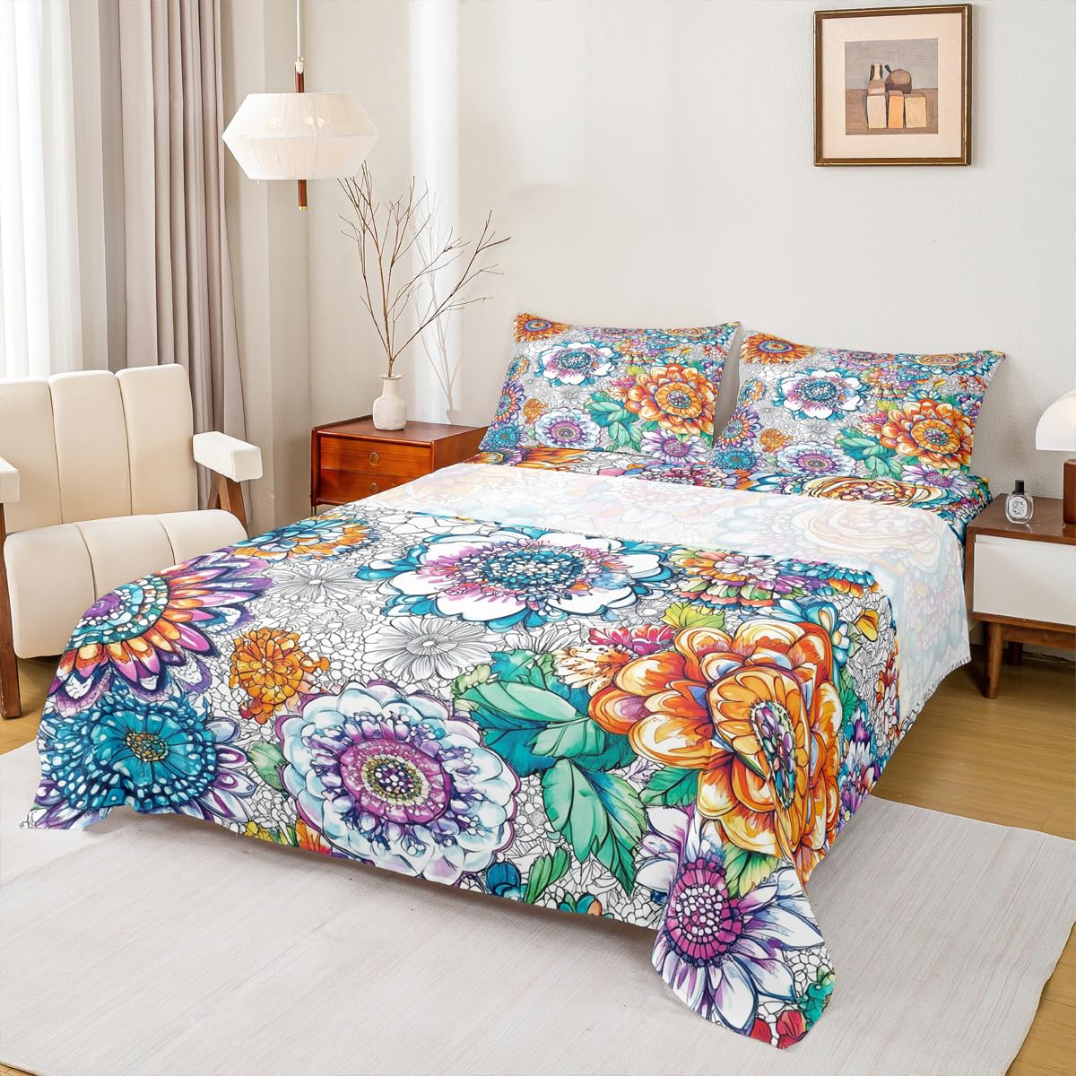 Homewish Juego de sábanas bohemias florales para cama doble, diseño exótico bohemio, para niños y niñas, juego de sábanas rústicas modernas de 4 piezas