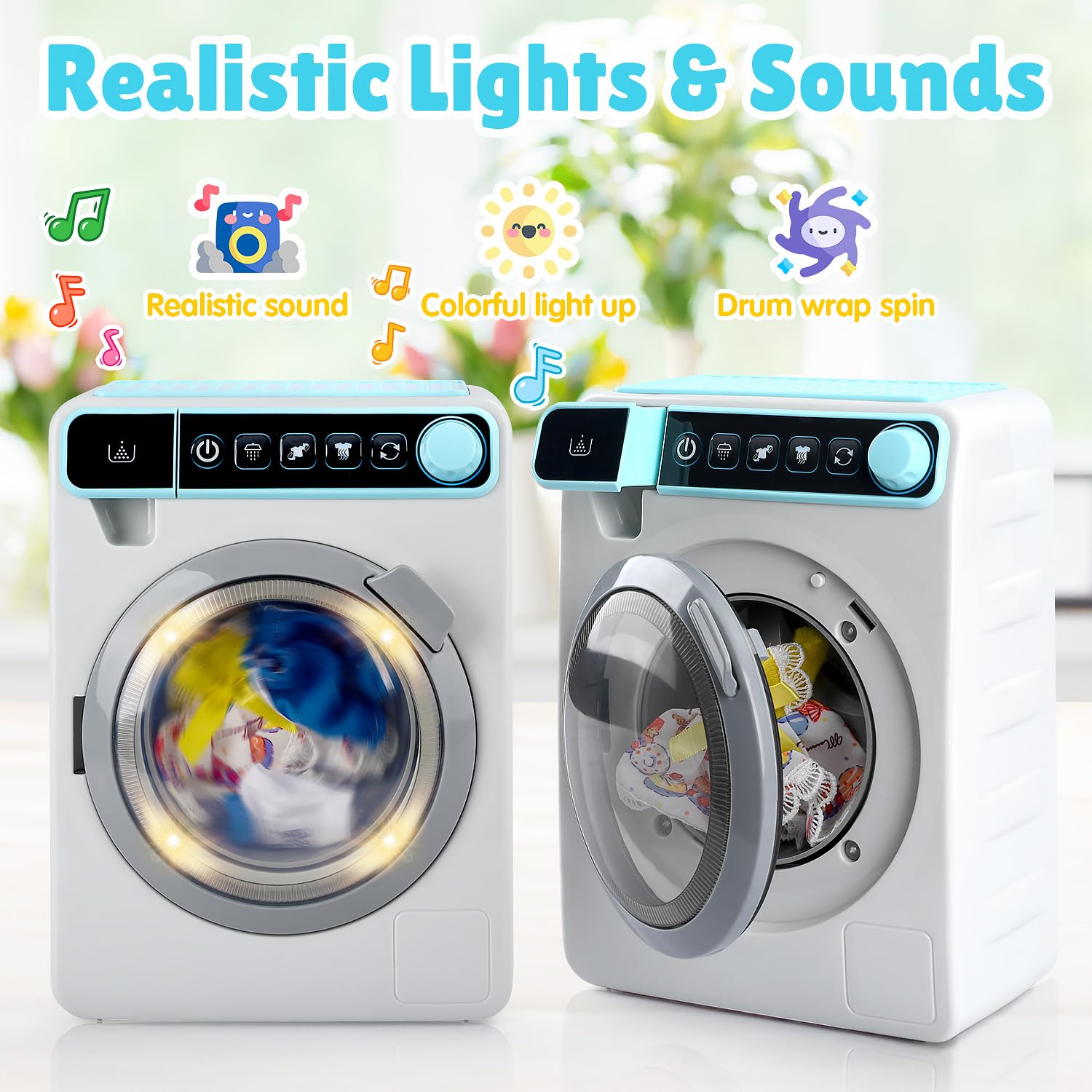 Lavadora de juguetes para niños, dispositivo de juego realista para niñas, muebles interactivos de casa de muñecas, juego de lavadora y secadora con tambor giratorio, efectos de luz y sonido, juego de 6