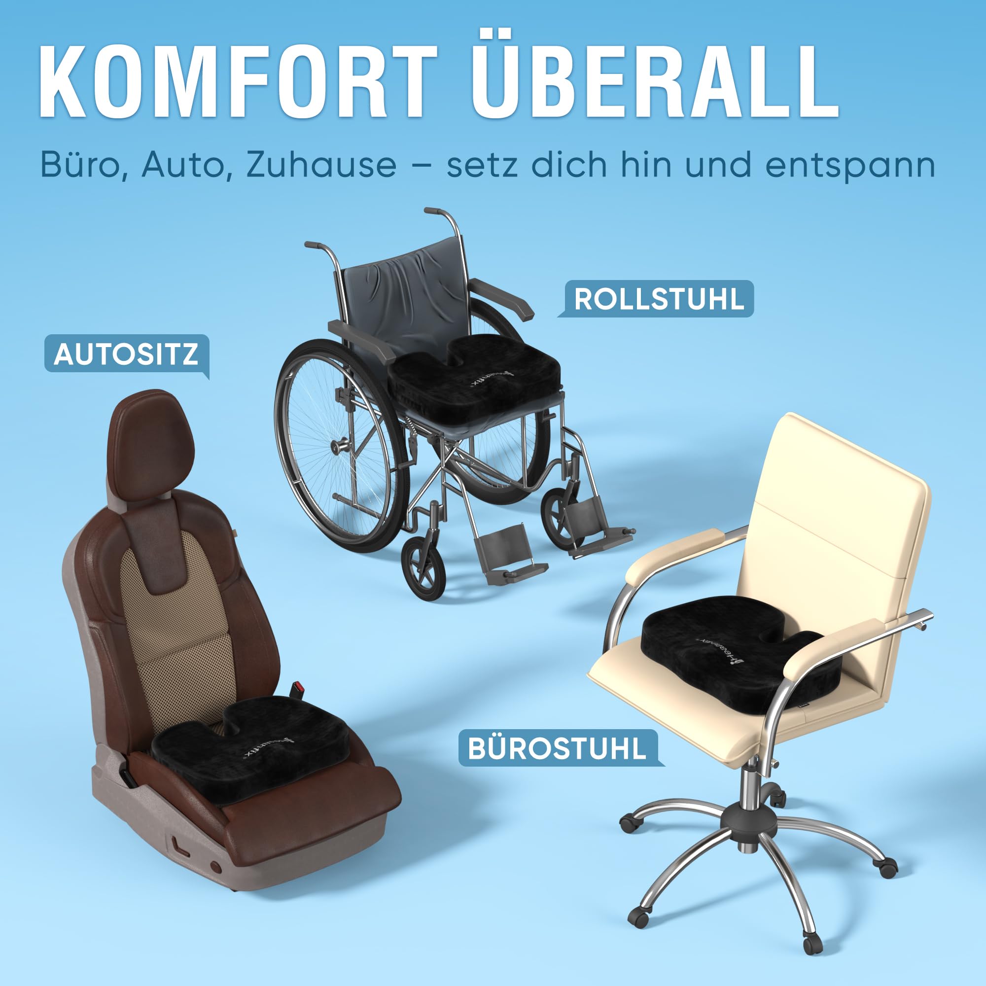 Healthfix Orthopädisches Sitzkissen Bürostuhl, Steißbein Entlastung mit Honeycomb-Layer und Veloursbezug, ergonomisches Sitzkissen für Büro Auto Zuhause, 45 x 36 x 7 cm (Schwarz)