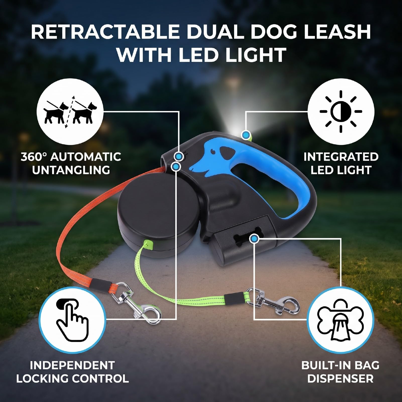 Laisse Double rétractable pour Chien, Chargement USB à 360 °, sans emmêlement