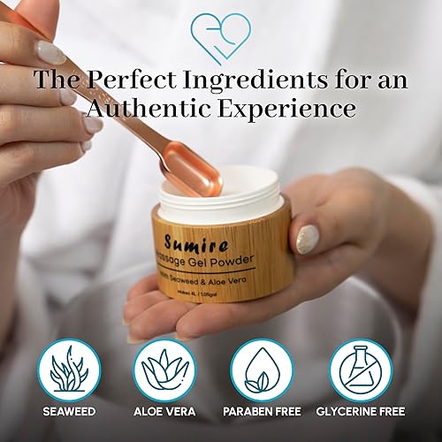 Miniatura 4 de Nuru - Polvo de terapia de gel de masaje 1.41 oz edición Sumire  Algas Nori y aloe vera  Sin parabenos ni glicerina  Hace 1.05 galones  Incoloro