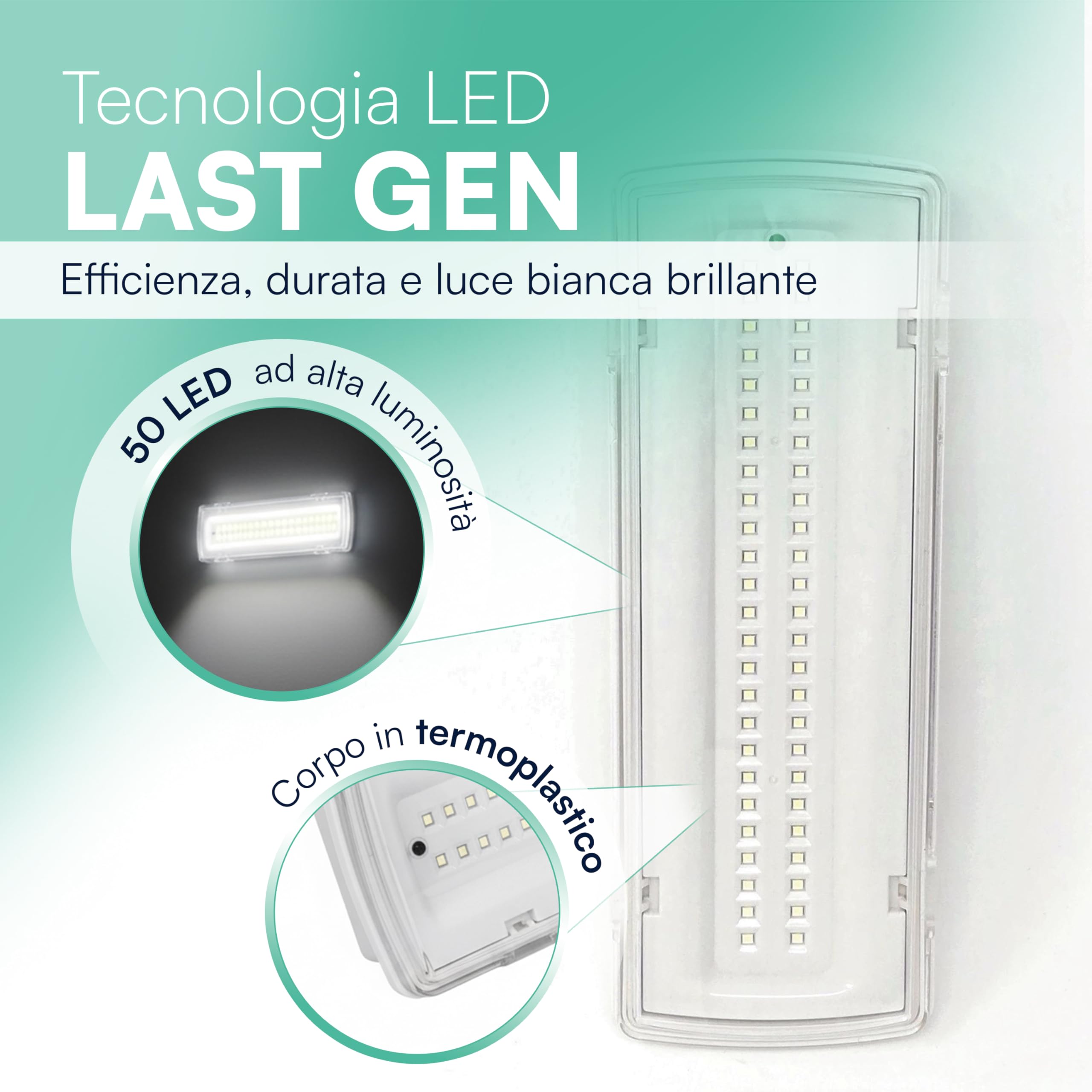 tempo di saldi Lampada Emergenza 4W con 50 LED, Misura 27 x 9,8 x 5,5 cm 3 Ore di Autonomia, Lampada Emergenza da Parete per casa, scale, garage, Plafoniera LED da Muro