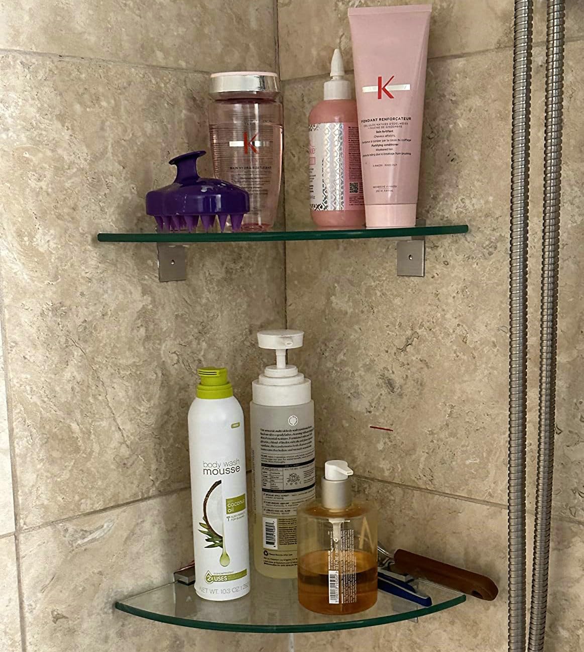 Bakzon Paquete de 2 estantes de ducha de esquina de cristal, estantes de pared de ducha para ducha interior, organizador de ducha sin taladros con soportes de aluminio para baño