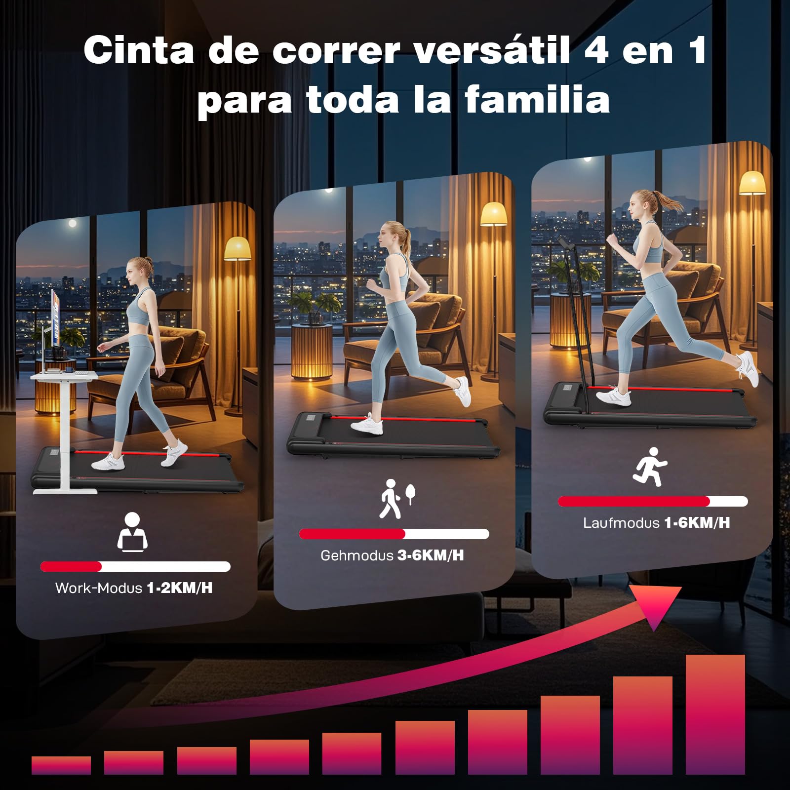 Cinta de Correr, Cinta de Correr con Barandilla Desmontable, Walking Pad 3 Niveles Inclinación, Soporte Tableta, Motor Silencioso