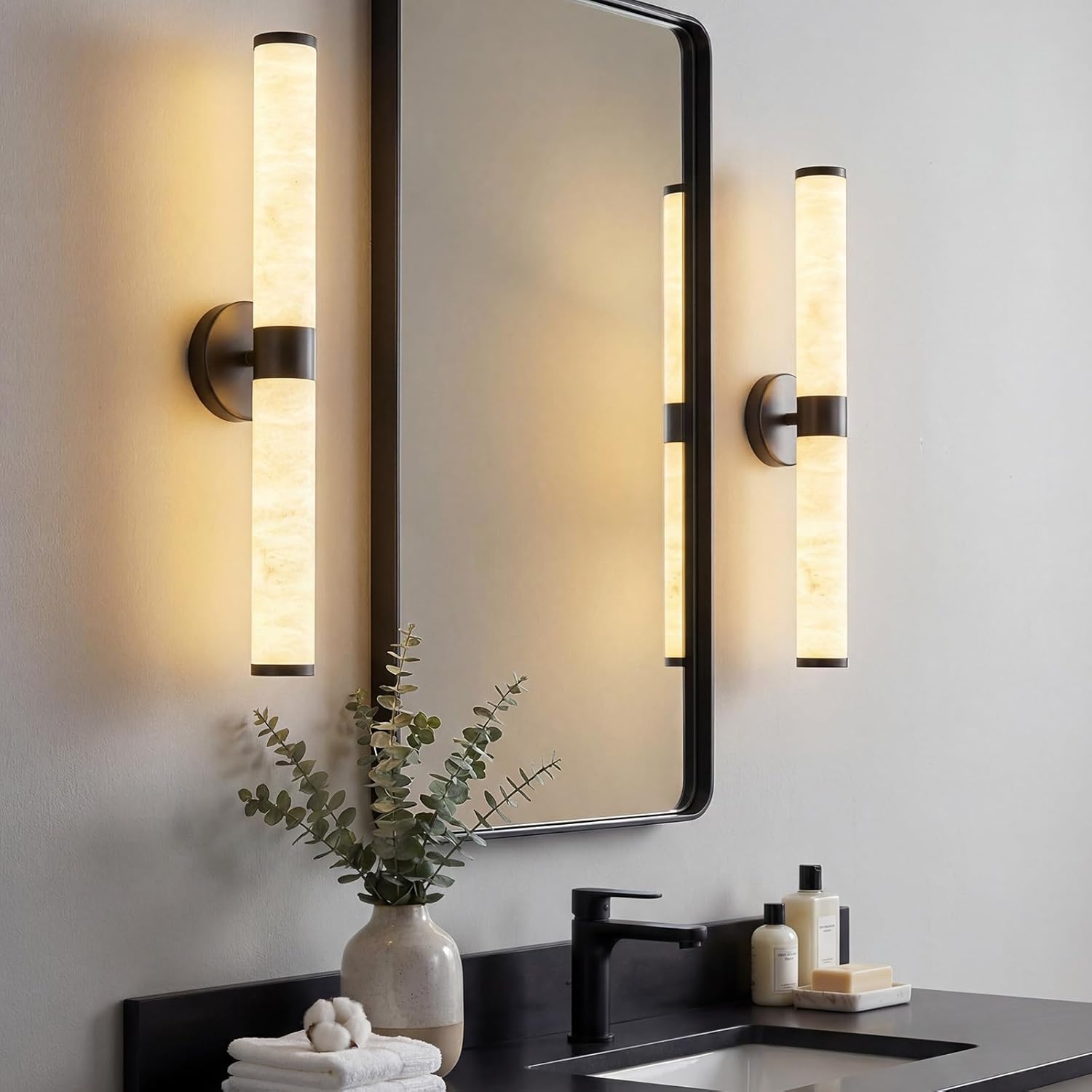 LMQNINE Natural Alabaster Wall Sconces Modern Black LED Wall Lights 24" Spanish Marble Cylinder Sconces for Living Room Bedroom Bathroom Hallway, Staircase（1 Pack）