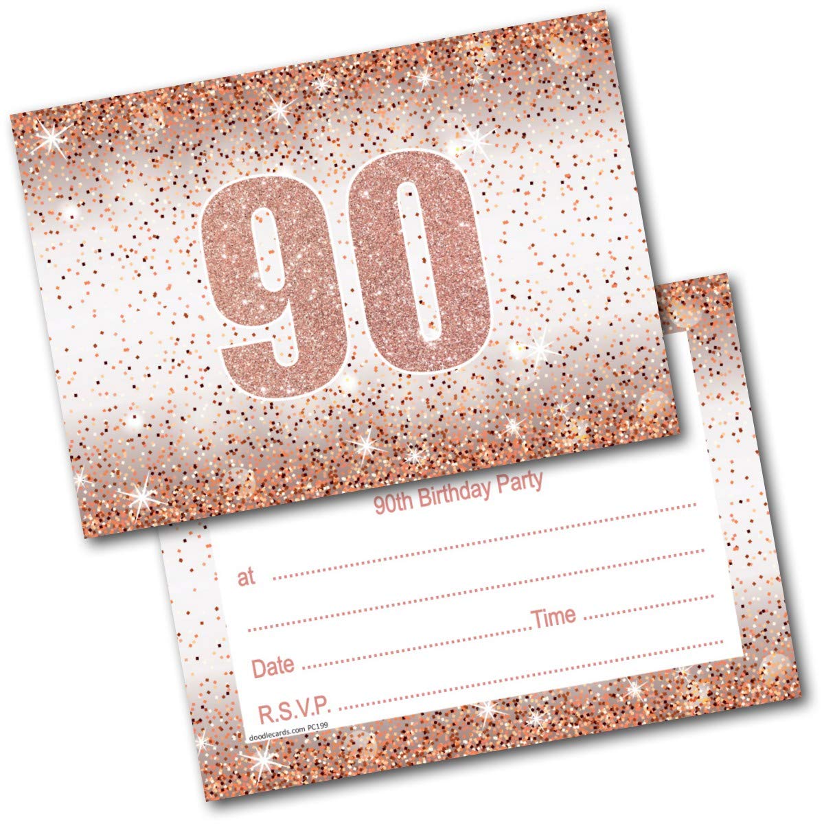 doodlecards 90th Birthday Party Invitations Rose Gold 20 Ready to Write Postcards and 20 Envelopes. Printed in UK, Premium Quality & 100% Recyclable.