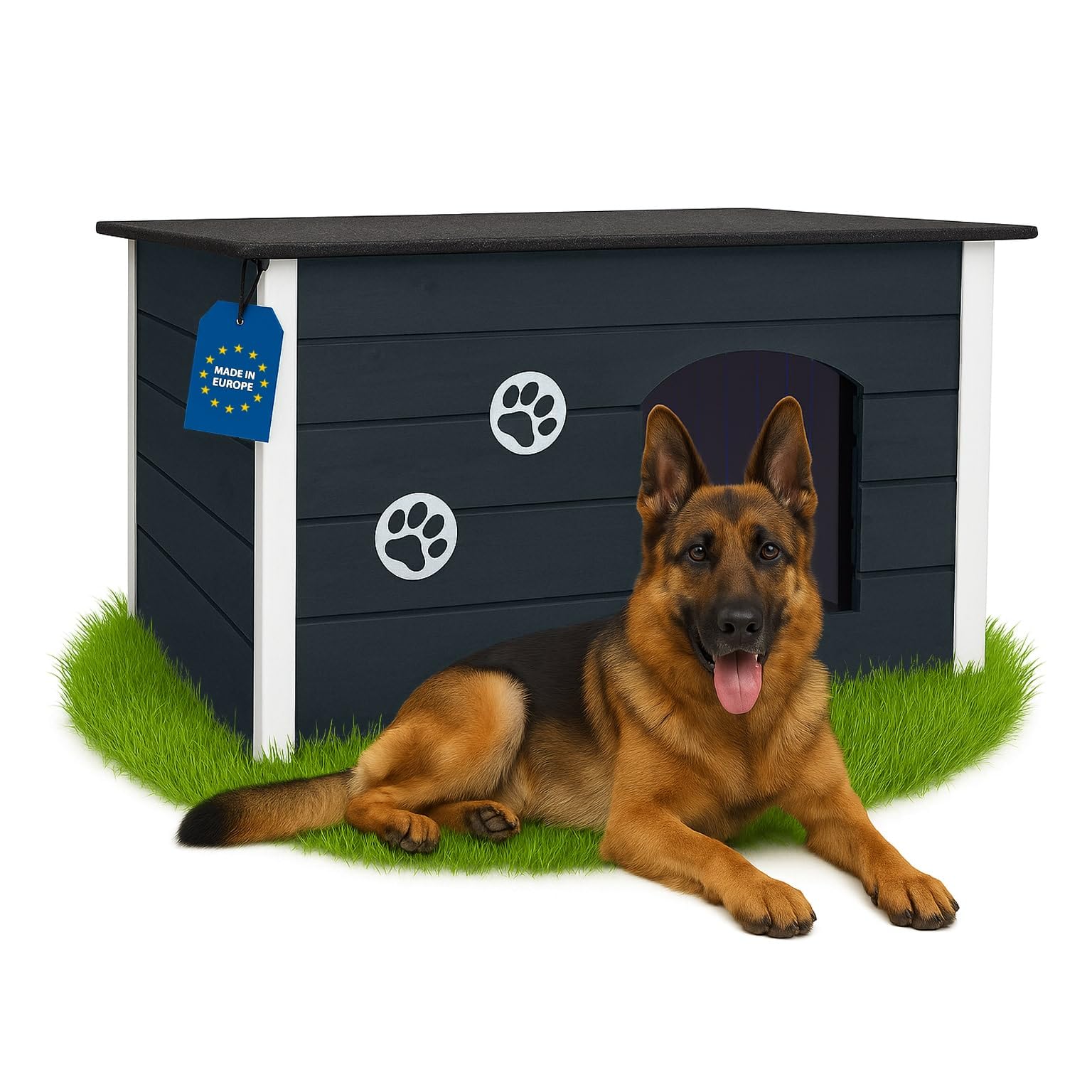 Outentin Niche pour Chien en Bois Isolée XL – Grande Maison Chien Extérieur Hiver – Refuge pour Chiens Jardin avec Toit Ouvrant – Niche Extérieure pour Grand Chiens en Bois FSC – 105 x 71 x 64 cm,Gris