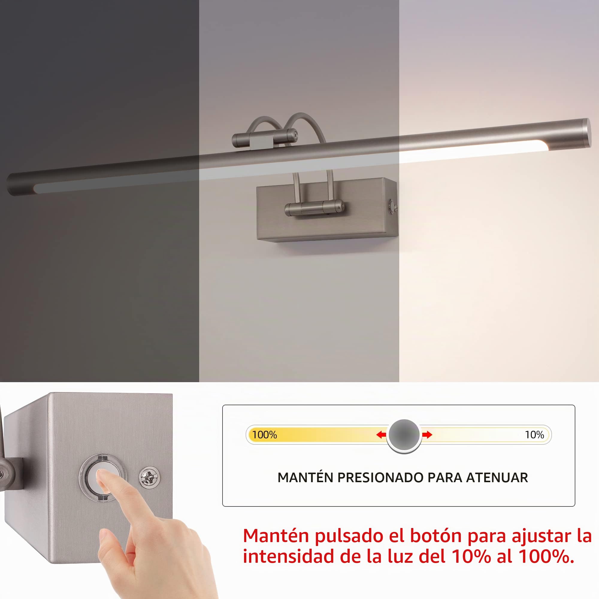 MantoLite LED Regulable Lámparas de Pared 15W,60CM Interior Iluminación para cuadros y expositores Cabeza Giratoria Lectura Lámpara,Latón Níquel Baño Espejo Apliques de Pared 3000K/4000K/6000K
