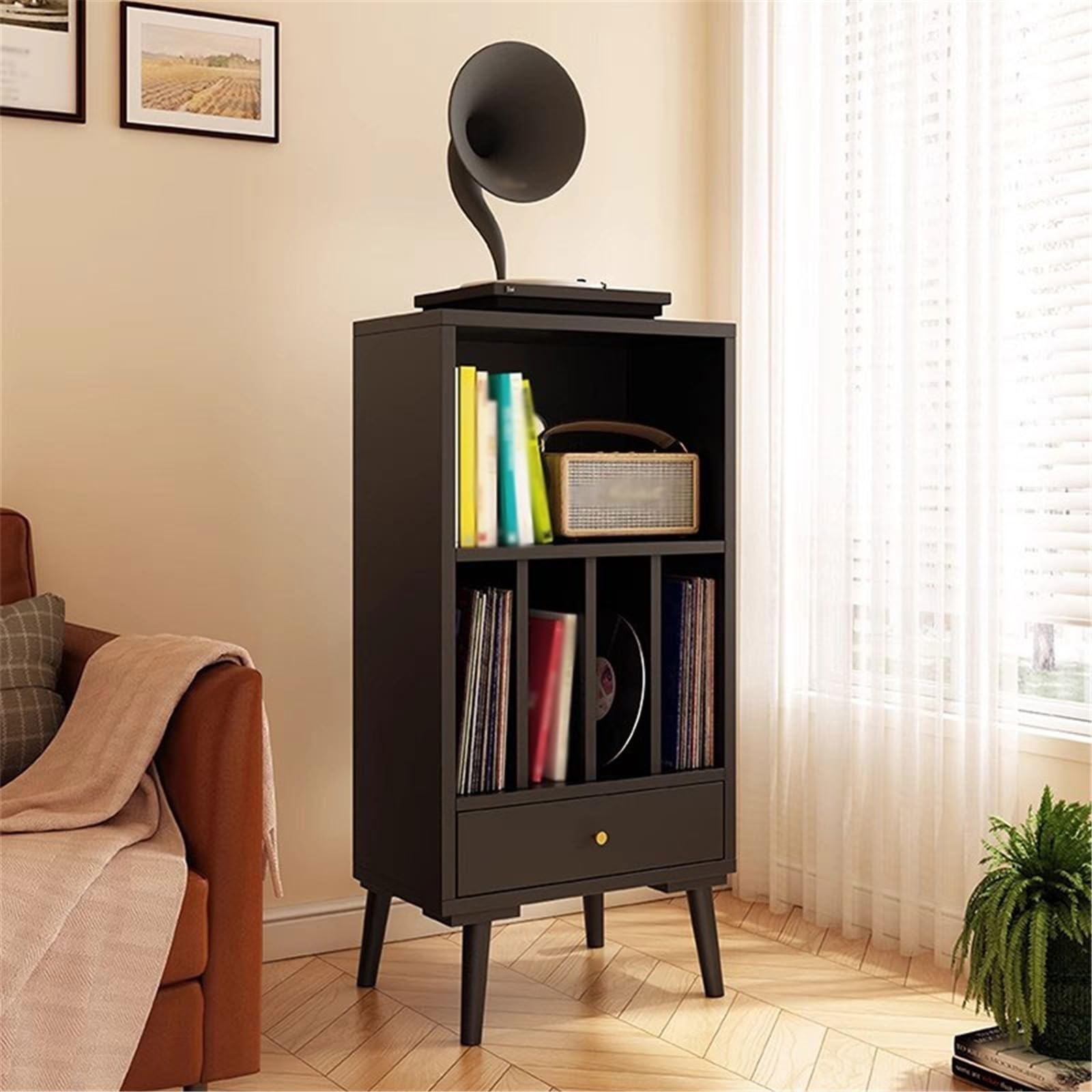 Rack per dischi Mobiletto basso in legno for dischi in vinile con cassetti, espositore portaoggetti(Nero)