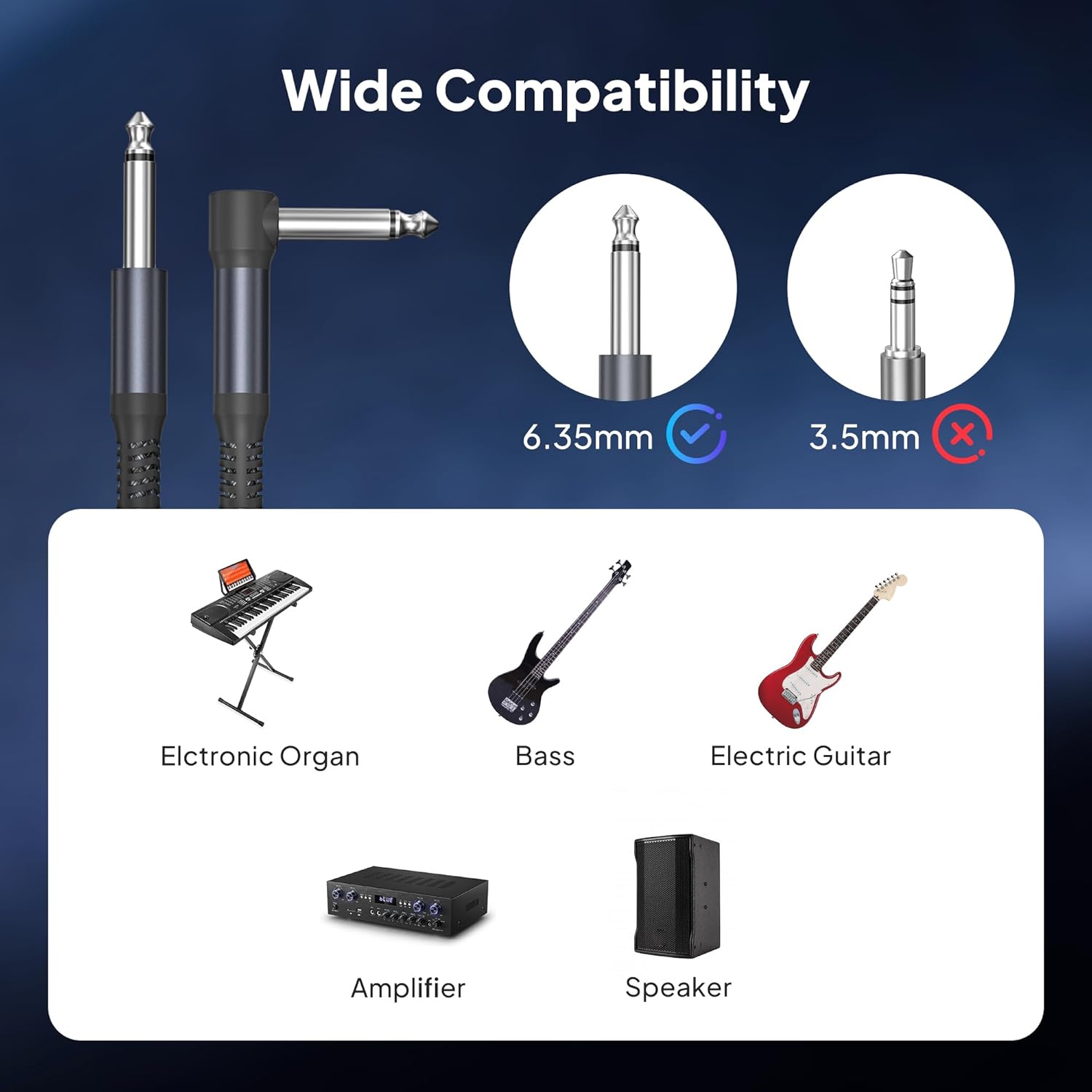Elebase 1/4 inch 6.35mm TS Guitar Cable 30FT 2Pack,Quarter inch Right Angle to Straight Instrument Cord,90 Degree Mono 6.3mm Male Jack Audio Cable for Electric Guitar,Bass,Keyboard,Amplifiers,Speakers