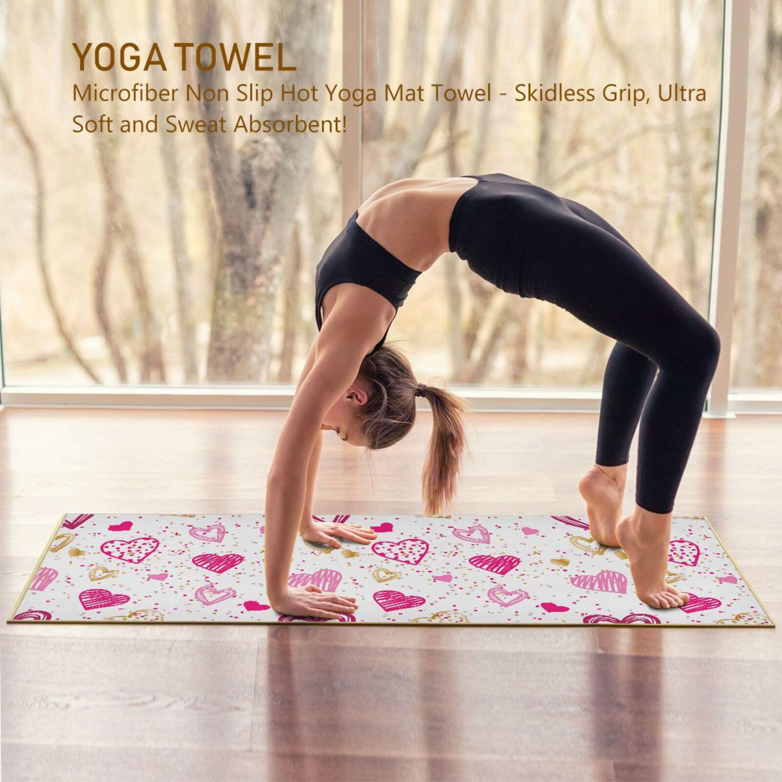 susiy Valentine's Day Hearts Non-Slip Yoga Mat Towel,Hot Yoga Towel for Sweat & Grip Dots,Yoga Mat Cover Blanket for Hot Yoga Bikram Pilates Gym Travel