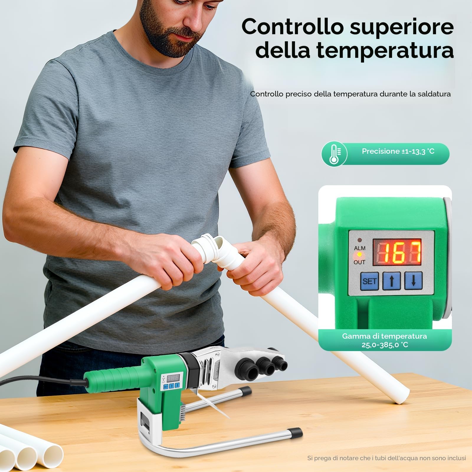 Saldatrice per Tubi dell'acqua 1500 W, Kit saldatrice per Tubi con Display Digitale Saldatrice 25-385 ℃, per Tubi Saldatrice in Plastica 20/25/32 mm, per PPR PE PP