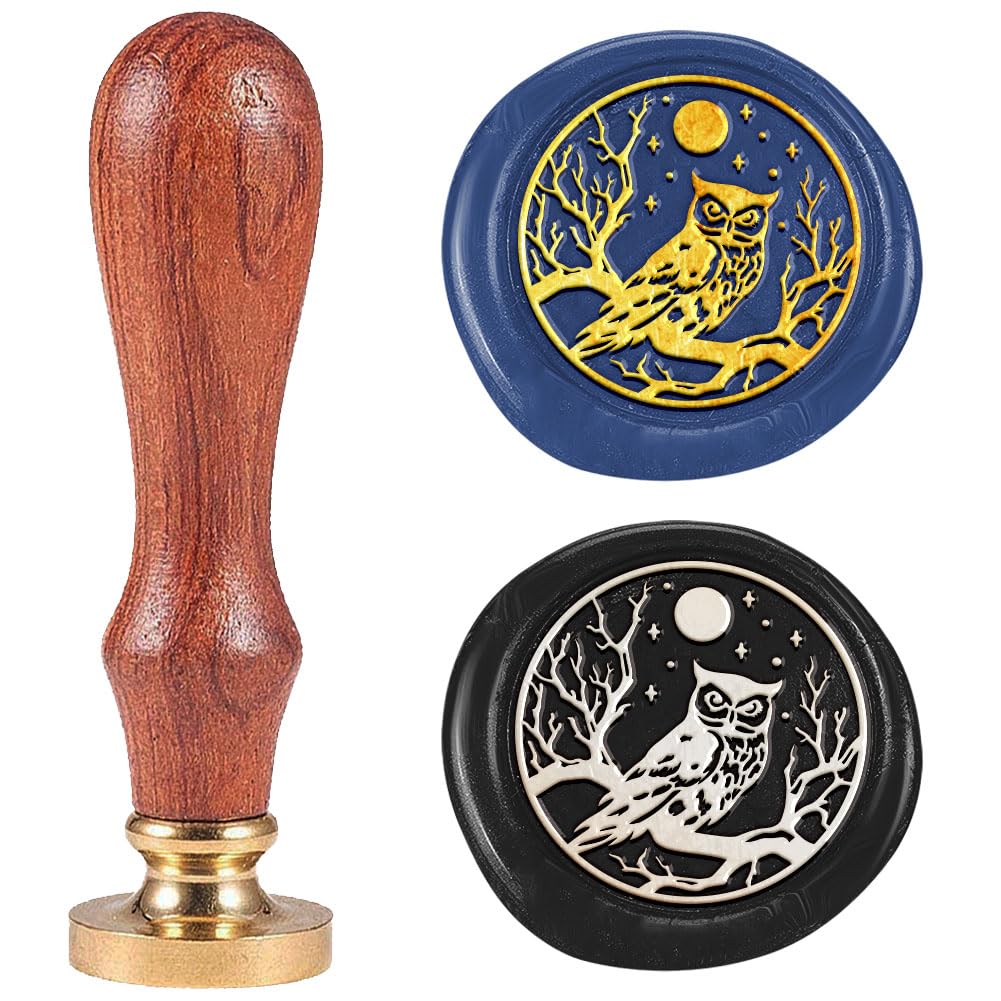 DELORIGIN Owl Wax Seal Stamp Vintage Sealing Stamps 1“ Removable Brass Head Seal Stamp with Wooden Handle for Halloween Christmas Envelope Greeting Card Letters Invitations Gift Wrapping