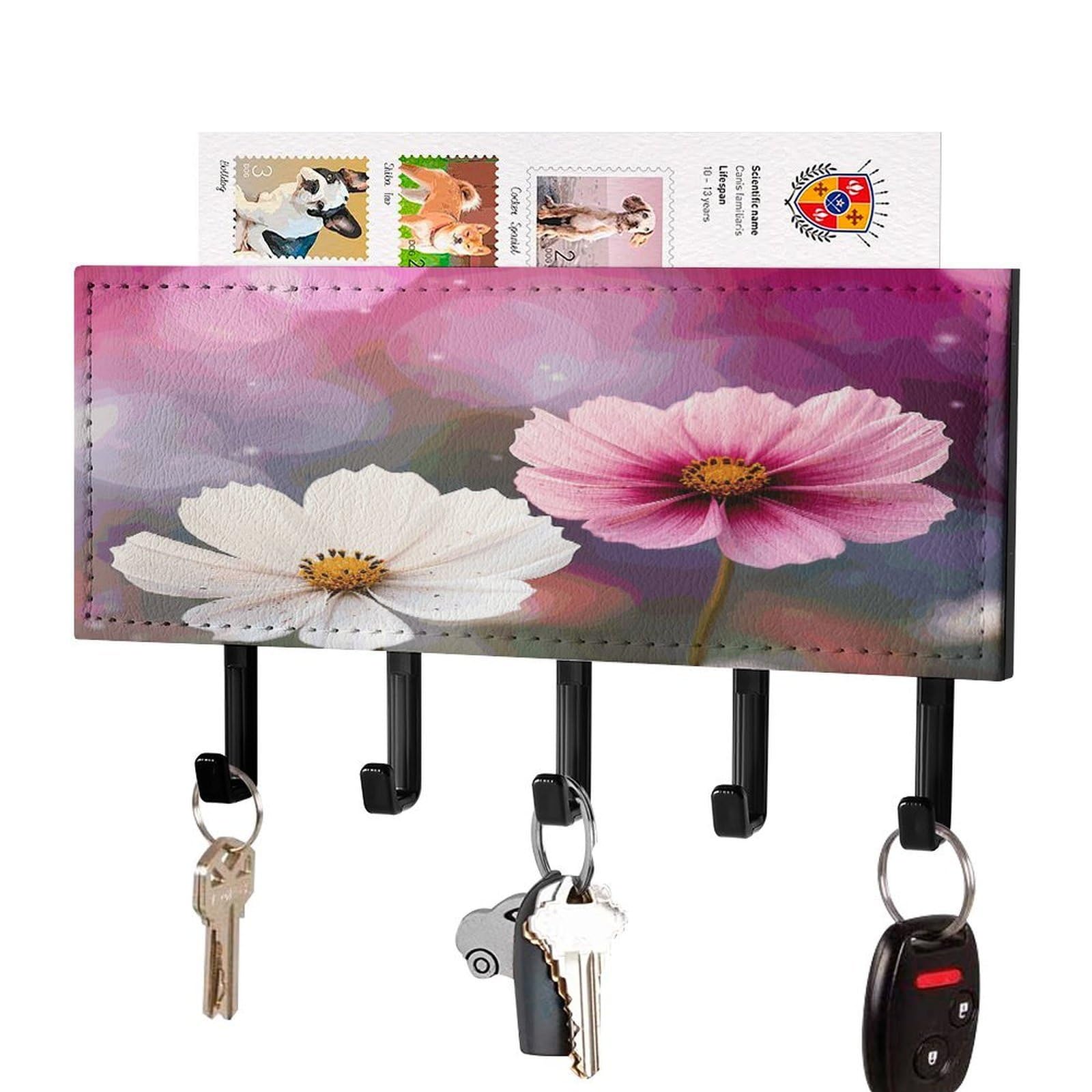 FekiLoot Two Peach Flowers Key Holder Wall Mount Key Hooks for Wall Decorative with 5 Hooks PU Mail Rack Organizer with Shelf for Entryway Mudroom Hallway Office 7.1X4.3 in