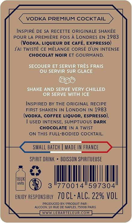 Le Barteleur Espresso Martini Cocktail - Premium Ready To Drink, Pre-Mixed Bar Quality Cocktails - 70cl