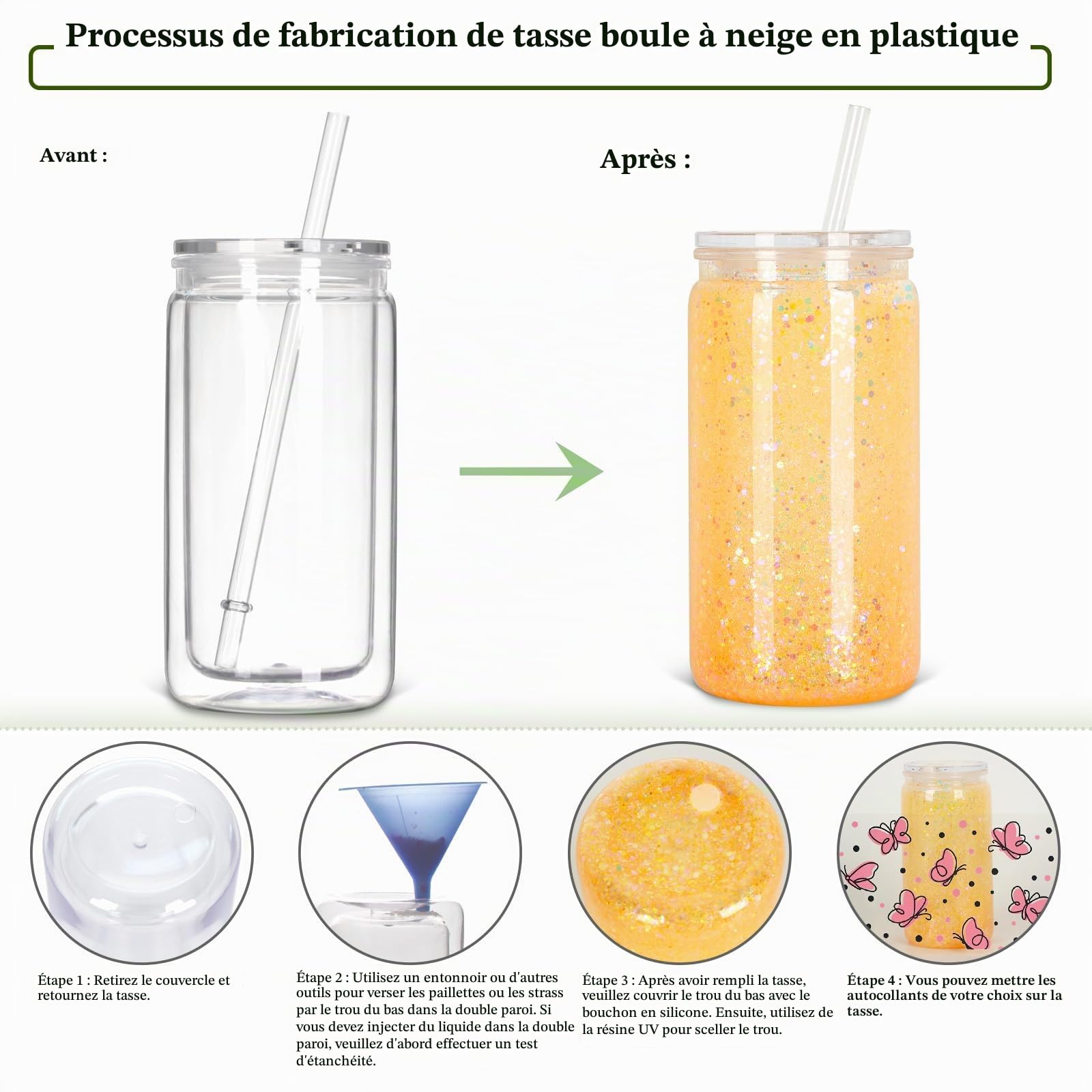 Lot de 6 gobelets en plastique pré-percés à double paroi avec couvercle et paille - 473 ml - Pour boule à neige à paillettes - Cadeau de bricolage (transparent)