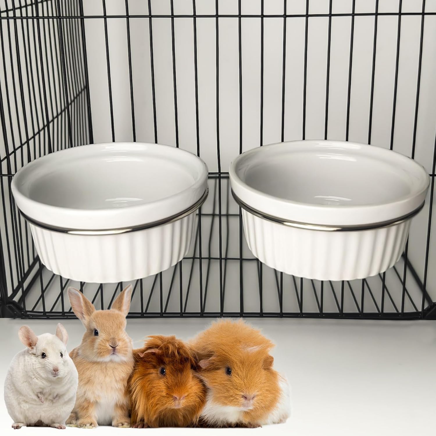 Rabbit Hanging Ceramic Bowl, Removable Cage Feeder Thick Ceramic Bowl with Stainless Steel Support Pet Water Food Bowl for Small Animal Chinchilla Ferret Guinea Pig Cat (4.92 * 1.97”) (White-2 Pack)