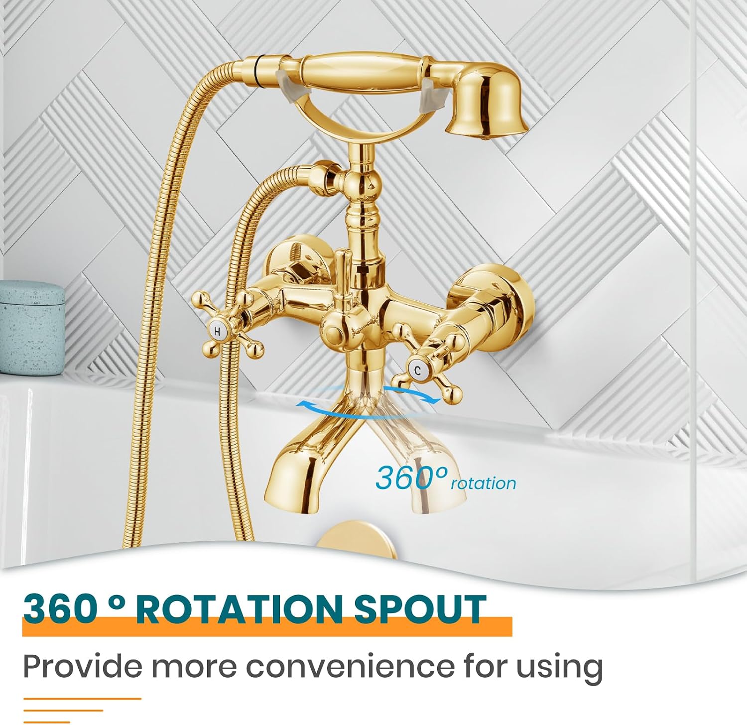 gotonovo Wall Mount Clawfoot Bathtub Faucet with HandHeld Spray and 360° Double Cross Handle Swivel Spout Vintage Tub Shower Faucet Set with Adapter Adjustable Swing Arms Polish Gold