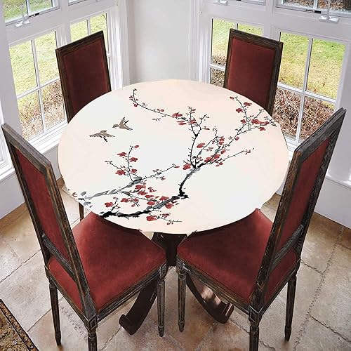 Miniatura 2 de Mantel redondo natural con borde elástico, capullos de flores y pájaros con ramas de cerezo, efecto de pintura artística, adecuado para bodas,