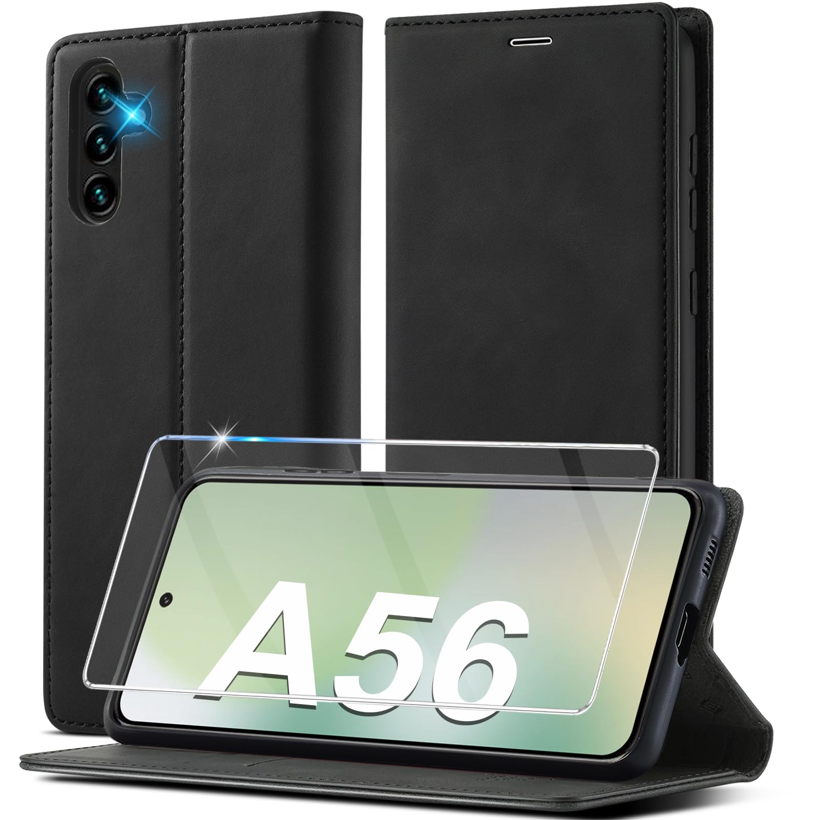 2025 Neu für Samsung Galaxy A56 Hülle Leder, Mit Schutzfolie, Handyhülle für Samsung A56 Klapphülle Klappbar Leder Flip Standfunktion Kartenfach, Wallet Case Schutzhülle Galaxy A56 5G Holster