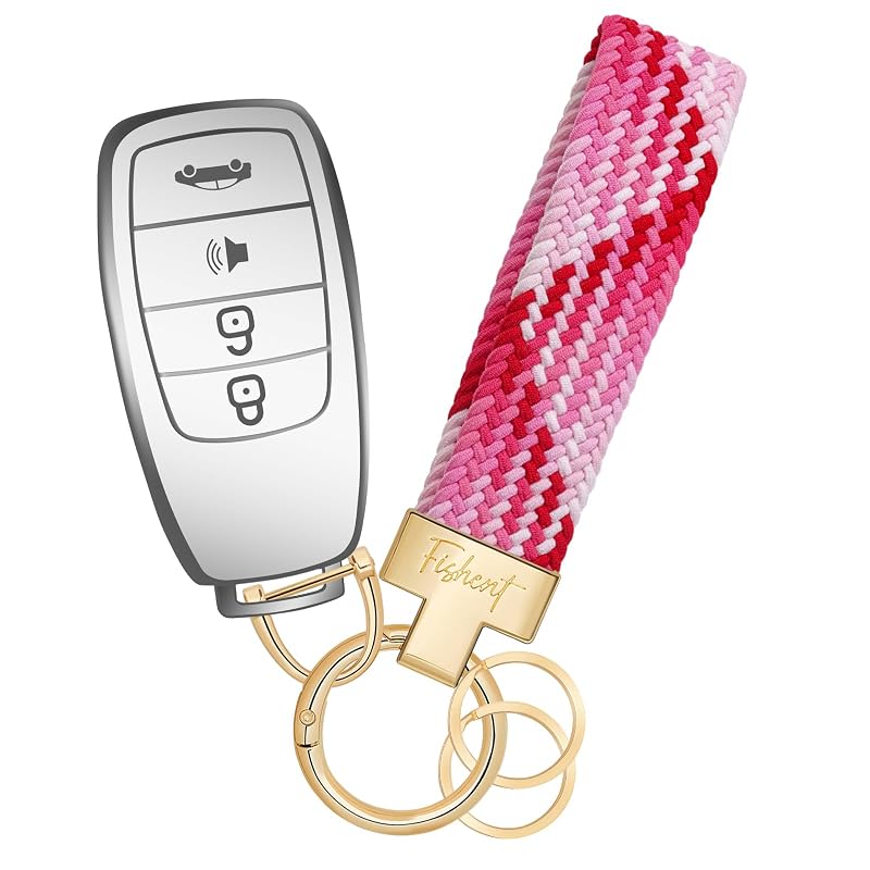 Chaveiro automotivo elástico Fishent em nylon trançado, vermelho morango, com 3 argolas, D-ring e mini chave de fenda