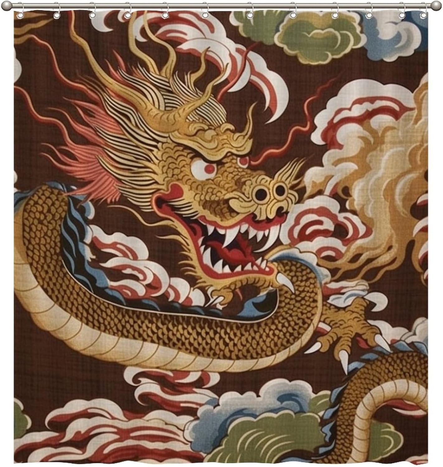 Oriental Chinoiserie Shower Curtain 72x80inch Antique Chinoiserie Gold Dragon Polyester Bath Curtain with Hooks Dragon Gold Oriental Style Asian Waterproof Bathroom Decor Shower Curtain